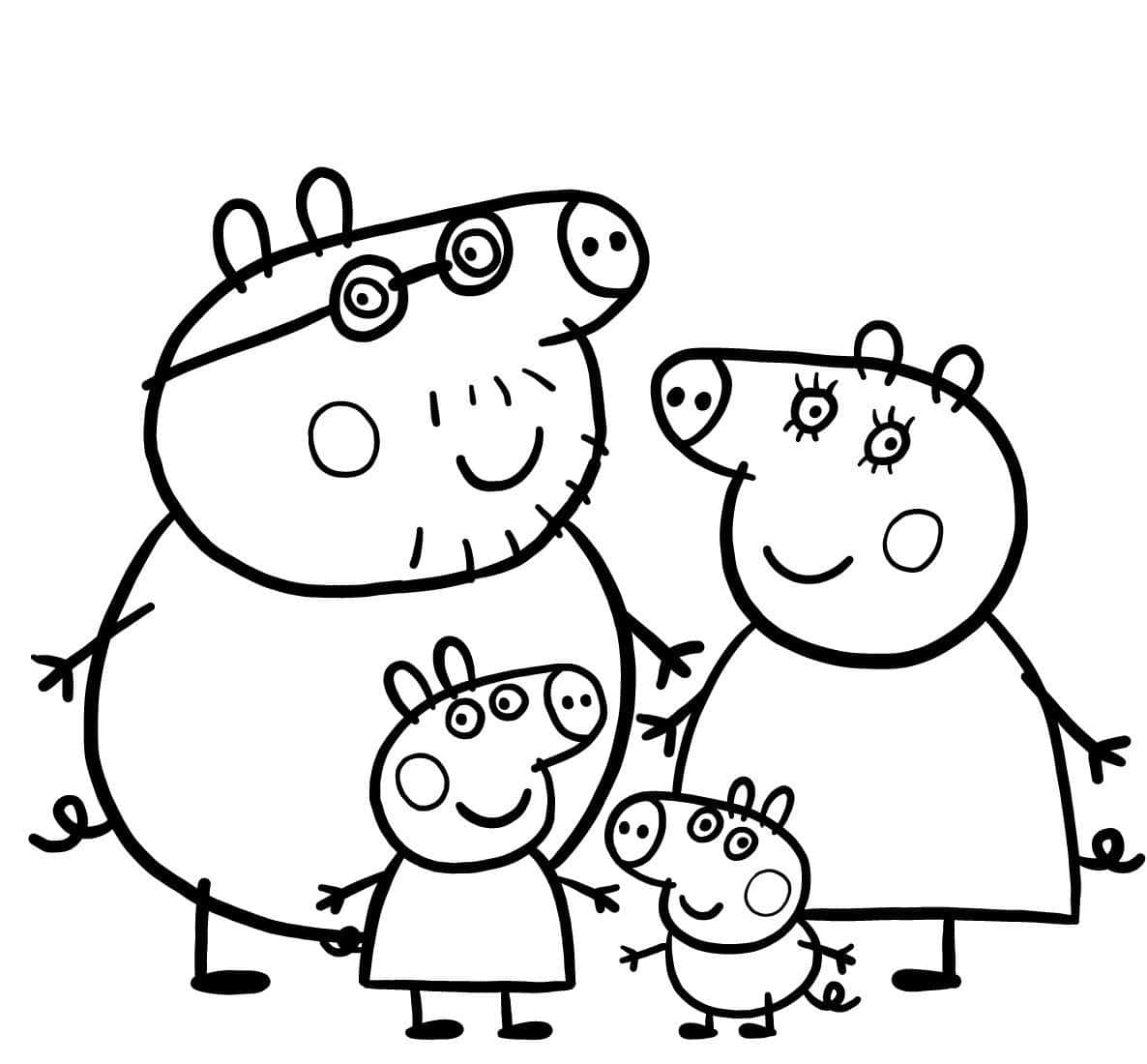 Peppa Pig Family 桌布 壁紙 — 佩佩豬一家四口以簡單卡通風格微笑的黑白線條畫。