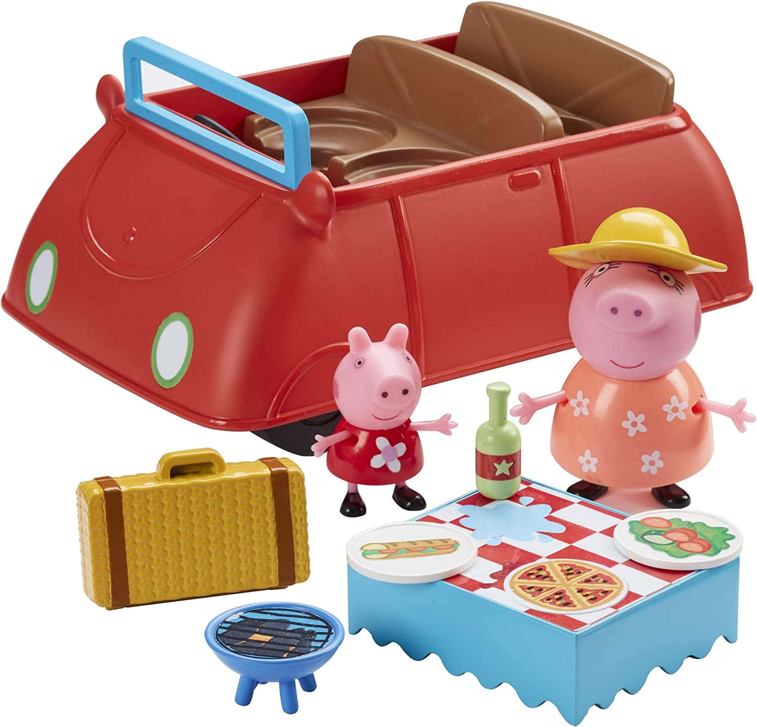 Peppa Pig Family 桌布 壁紙 — 佩佩豬和她的媽媽在陽光下享受野餐，有紅色車行李箱燒烤架和食物放在格子毯上。