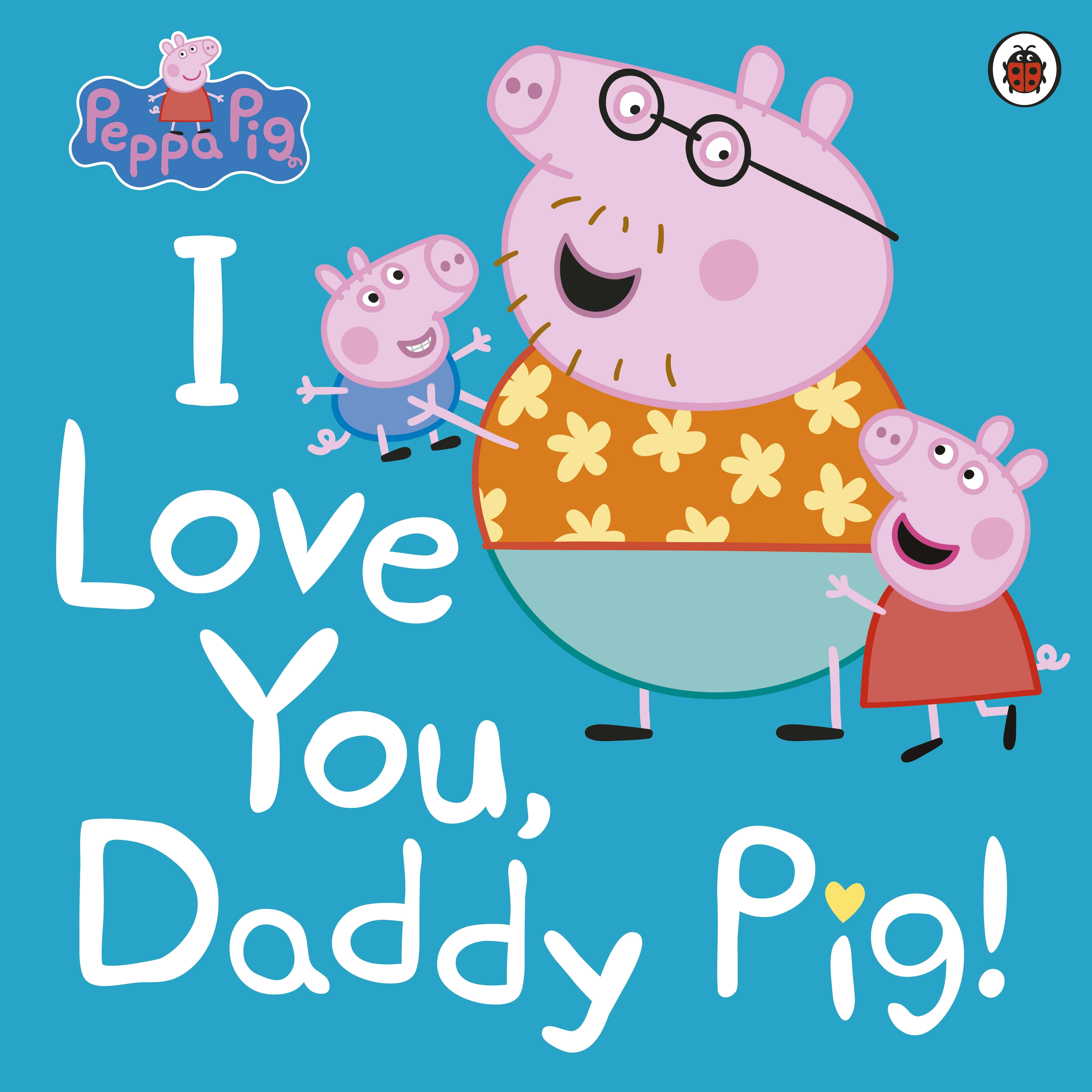 Daddy Pig 桌布 壁紙 — 佩佩豬和她的家人在明亮的藍色背景上以粗體文字與豬爸爸一起歡樂慶祝。