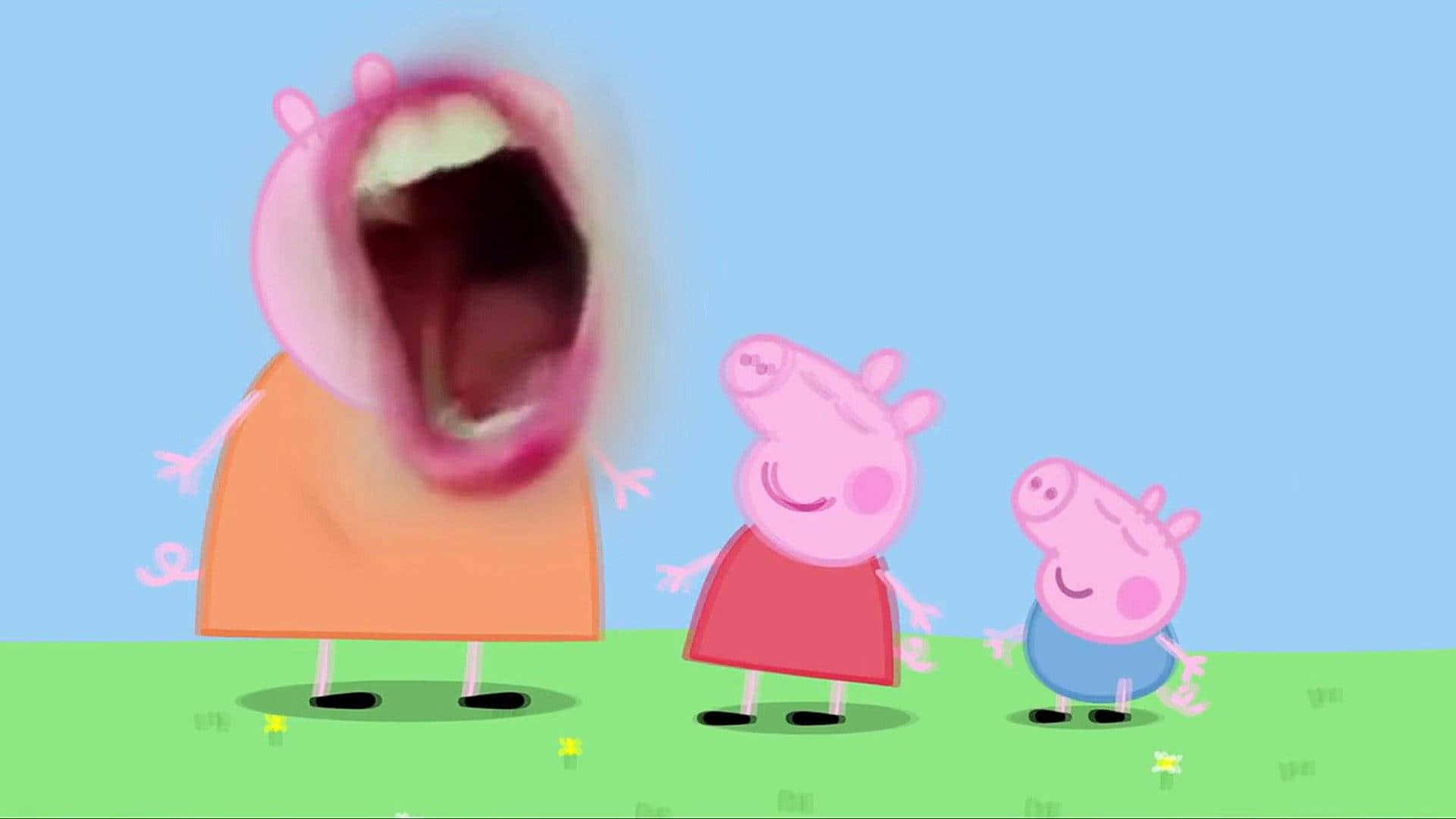 Peppa Pig Funny 桌布 壁紙 — 佩佩豬和她的家人站在藍天下的草地上，爸爸豬打著哈欠，帶有動態模糊效果。