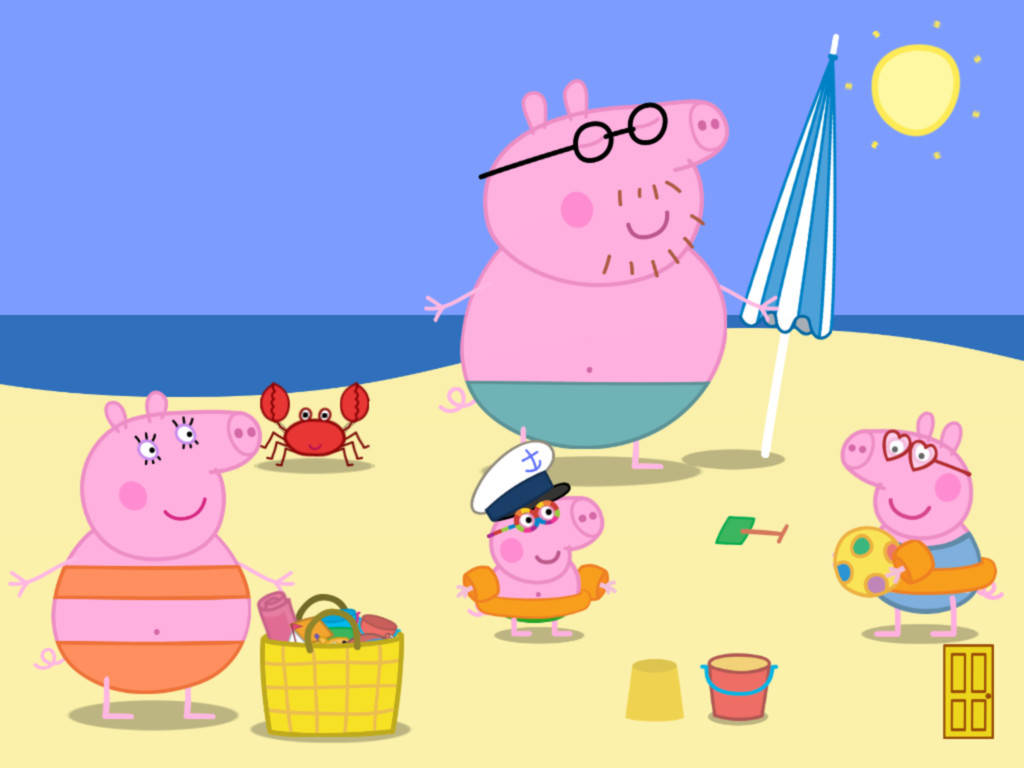 Peppa 桌布 壁紙 — 佩佩豬和家人在明亮的黃色太陽下享受陽光海灘日，有螃蟹沙灘玩具和藍色遮陽傘。