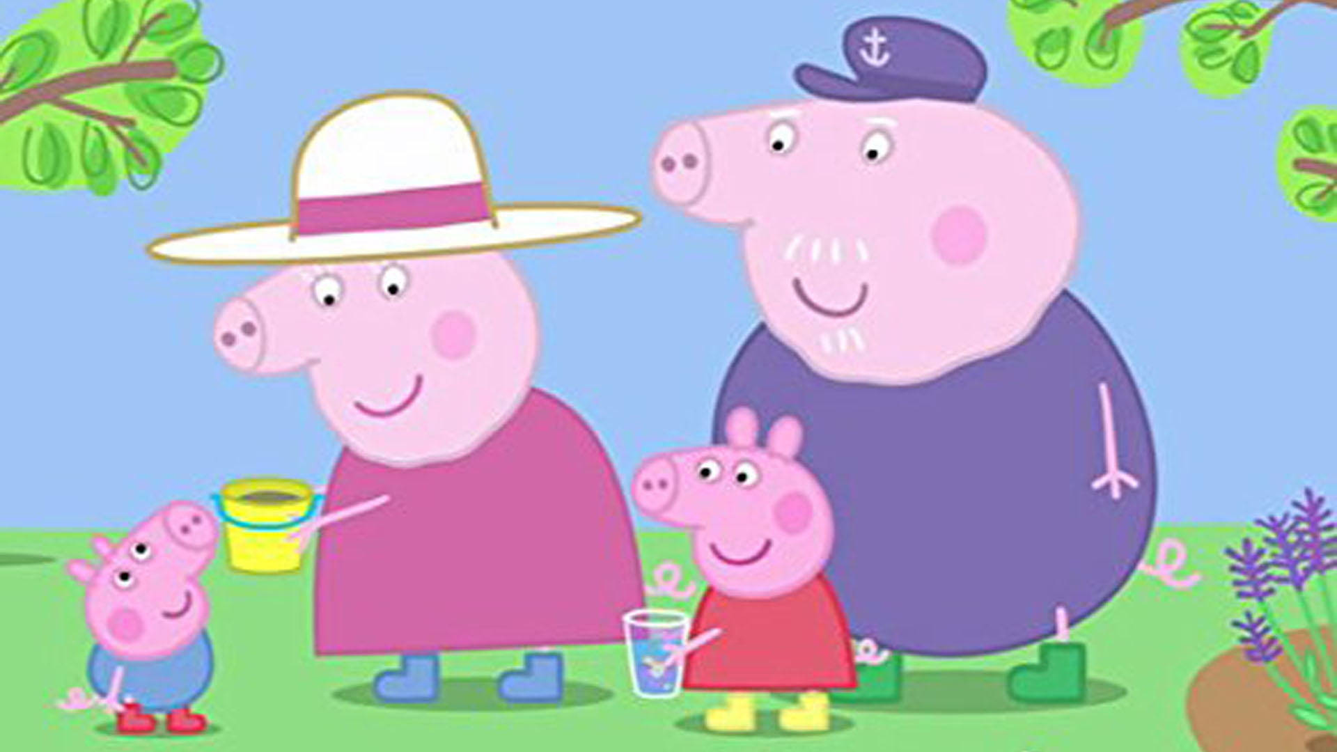Peppa 桌布 壁紙 — 佩佩豬和家人在晴朗的藍天下，在綠草和紫色花朵之間快樂地做園藝。