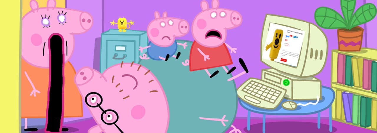 Peppa Pig Funny 桌布 壁紙 — 佩佩豬和家人在色彩繽紛的客廳中，對復古電腦上出現的一隻黃狗感到震驚。