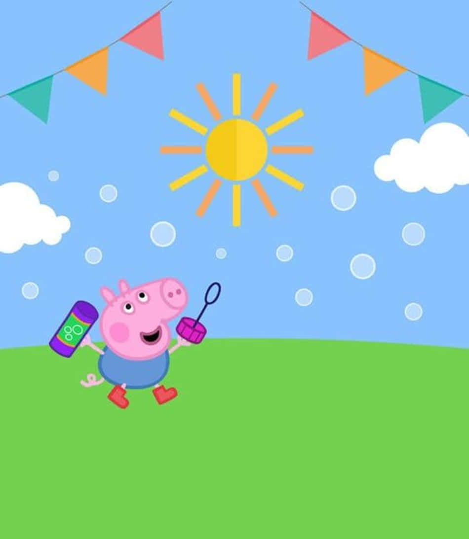George Pig 桌布 壁紙 — 佩佩豬在陽光明媚的日子裡，在彩色三角旗和蓬鬆的雲朵下開心地吹泡泡。
