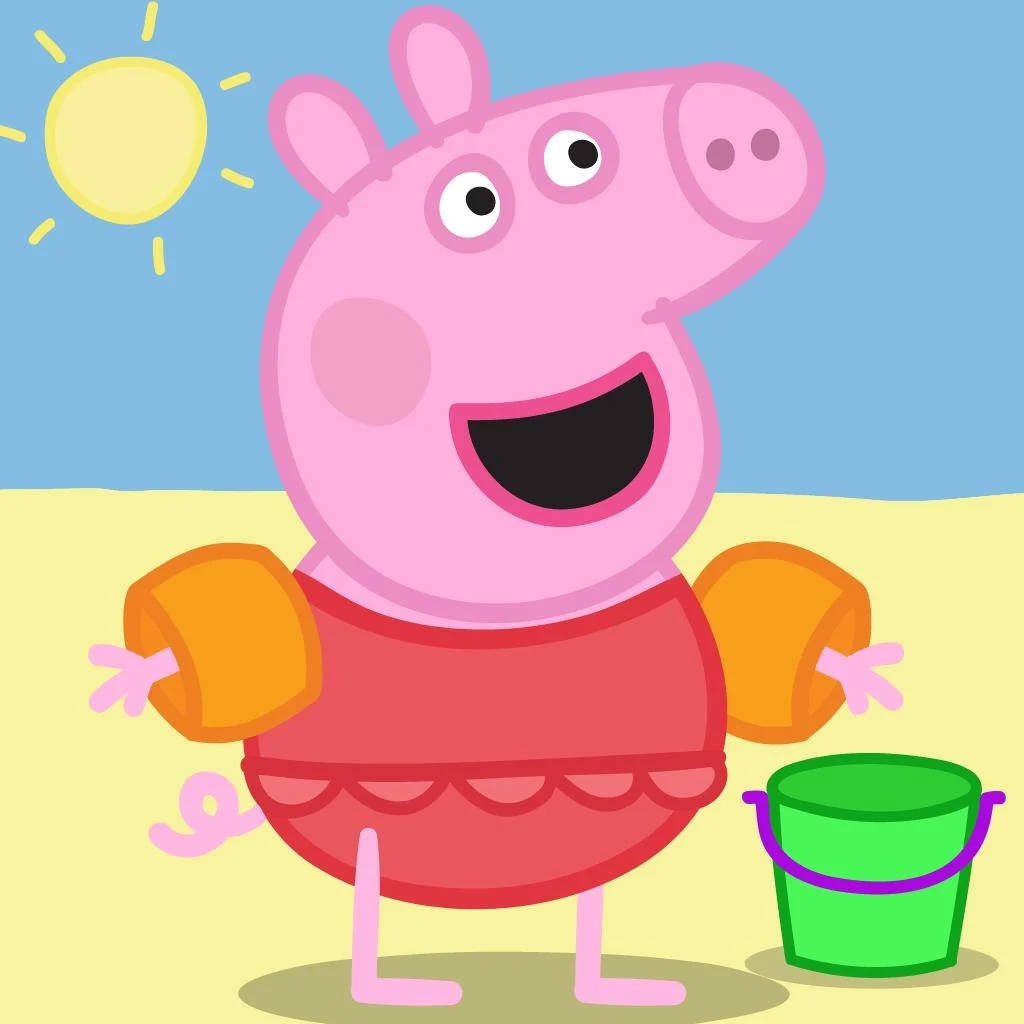 Peppa 桌布 壁紙 — 佩佩豬在陽光明媚的海灘上開心微笑，穿著紅色泳衣和橙色手臂浮圈，旁邊有一個綠色水桶。