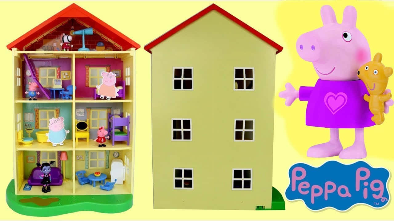 Peppa Pig Family 桌布 壁紙 — 佩佩豬抱著她的泰迪熊，旁邊是一個色彩繽紛的玩具屋，裡面有可見的房間和角色。