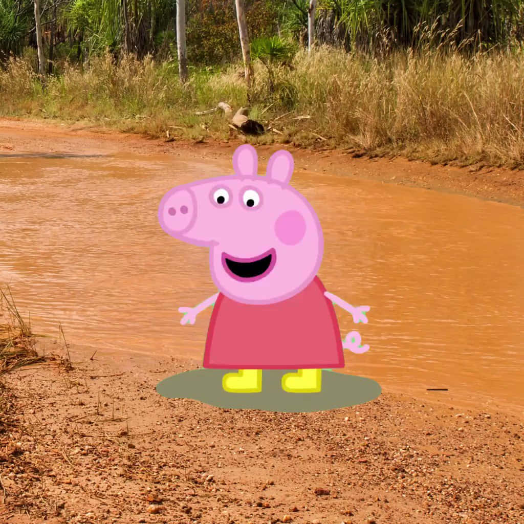 Peppa Pig Funny 桌布 壁紙 — 佩佩豬開心地站在泥濘水坑中，周圍是高草和樹木的泥土路。