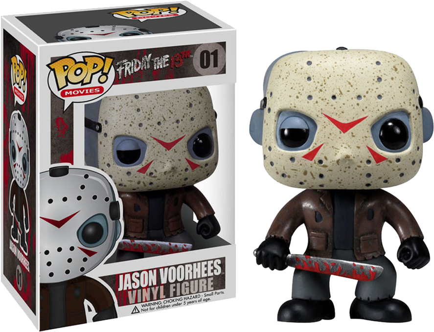 傑森·沃爾希斯 桌布 壁紙 — 來自《13號星期五》的Jason Voorhees Funko Pop! 乙烯基人偶站在其收藏盒旁，手持血淋淋的彎刀。