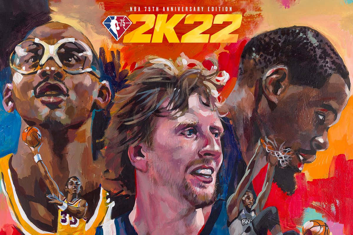 NBA 桌布 壁紙 — 來自 2K22 NBA 75 週年紀念版封面的標誌性 NBA 球員的鮮豔彩繪肖像。