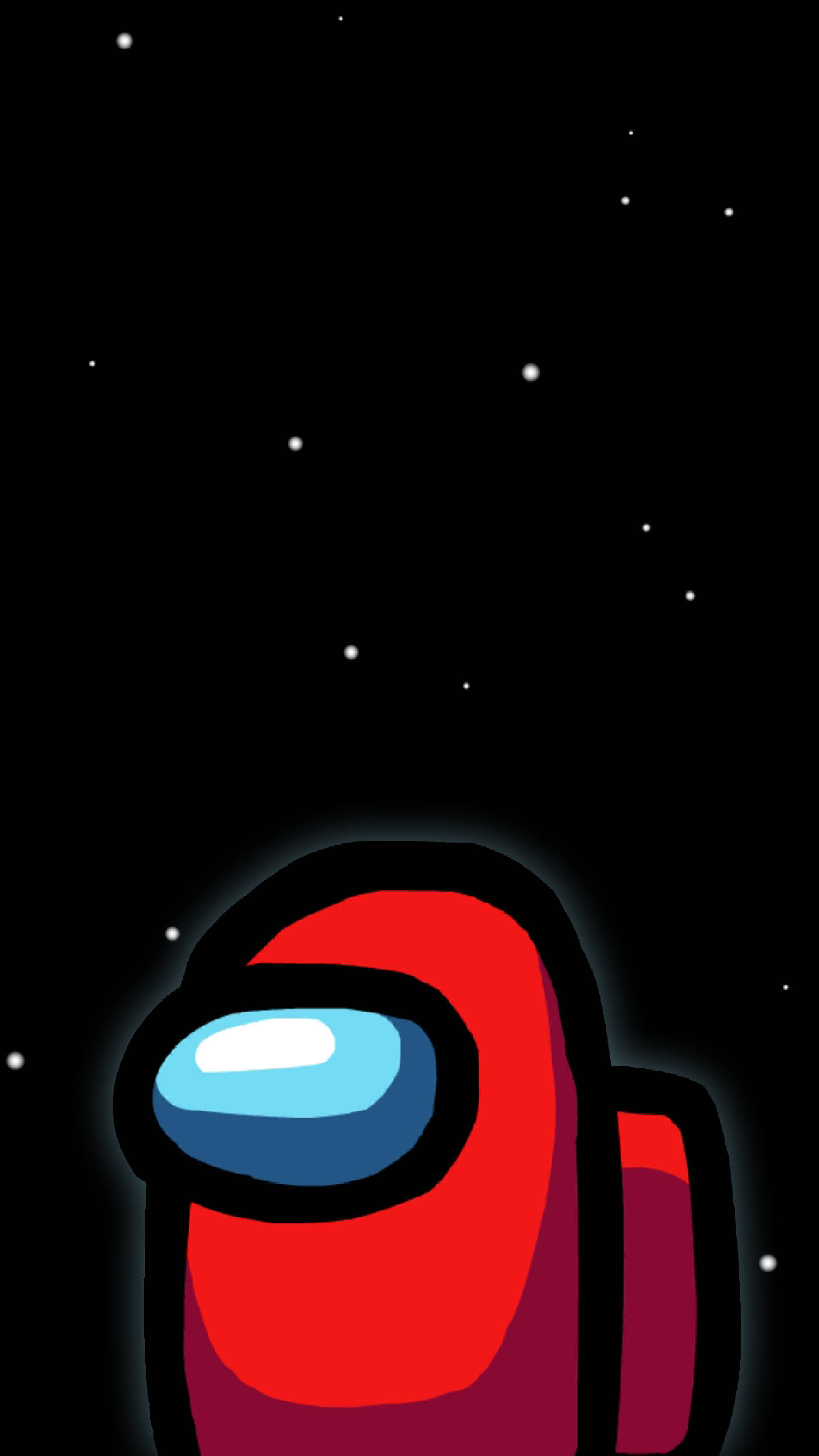 game 桌布 壁紙 — 來自 Among Us 的紅色船員在星空黑色太空背景中漂浮，帶有發光的藍色面罩。