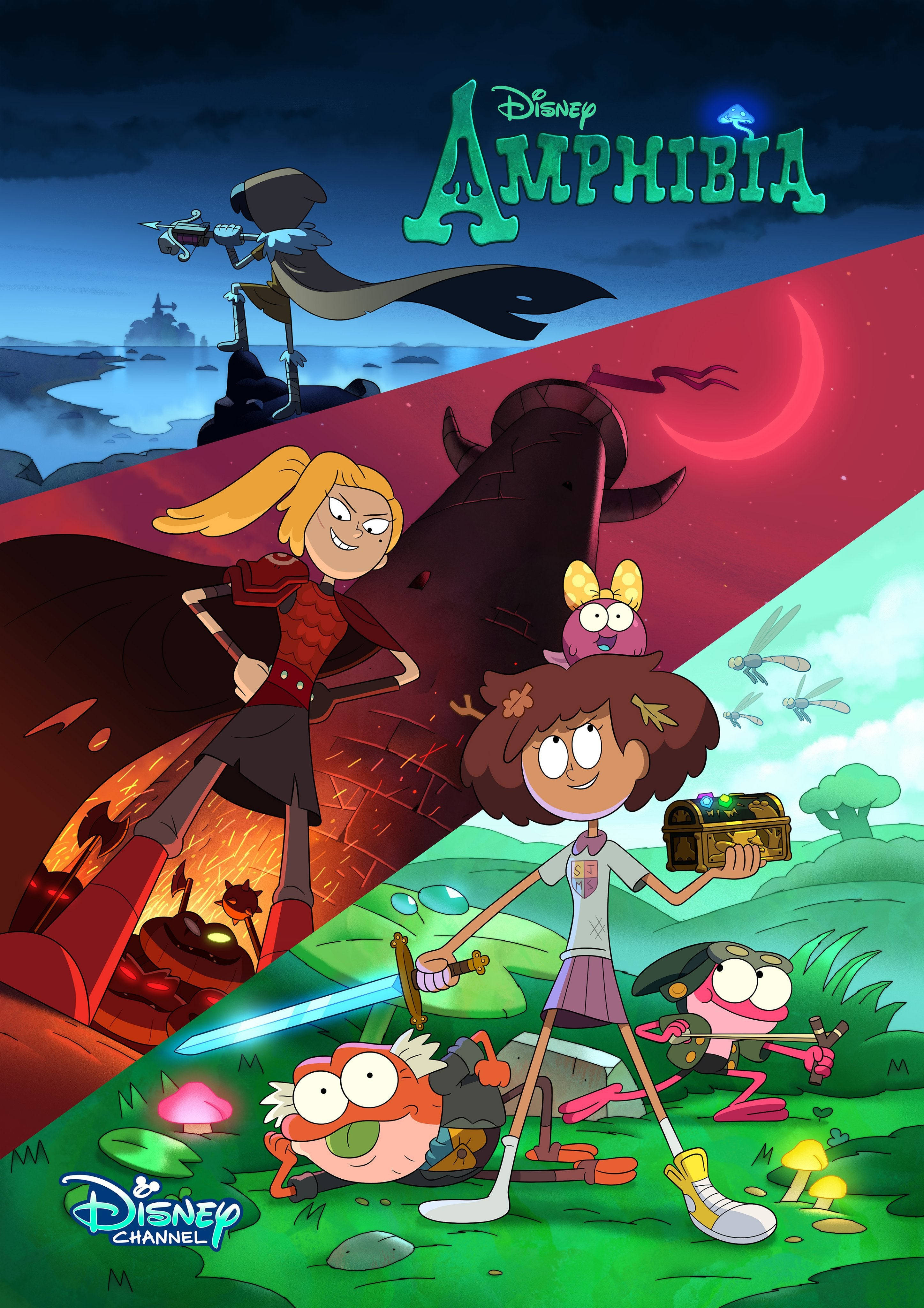 奇幻沼澤 桌布 壁紙 — 來自《Amphibia》的動畫角色站在一個分裂場景中，有熾熱的熔岩和茂密的綠色森林，背景是一彎新月。