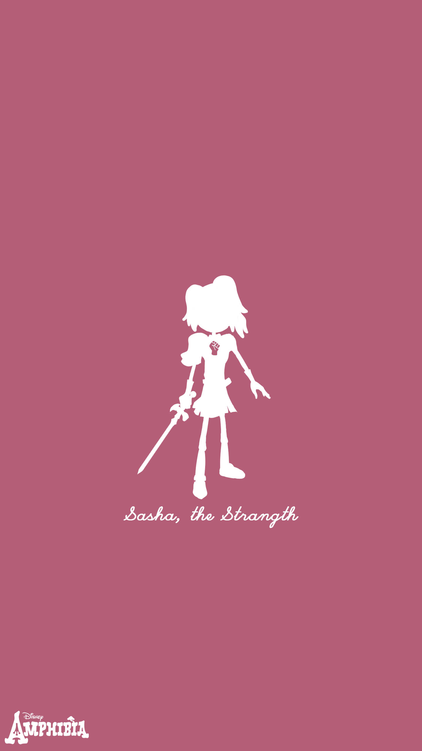 奇幻沼澤 桌布 壁紙 — 來自《Amphibia》的莎莎（Sasha）的白色剪影，手持劍，背景為純色塵玫瑰色，下方有她的名字。