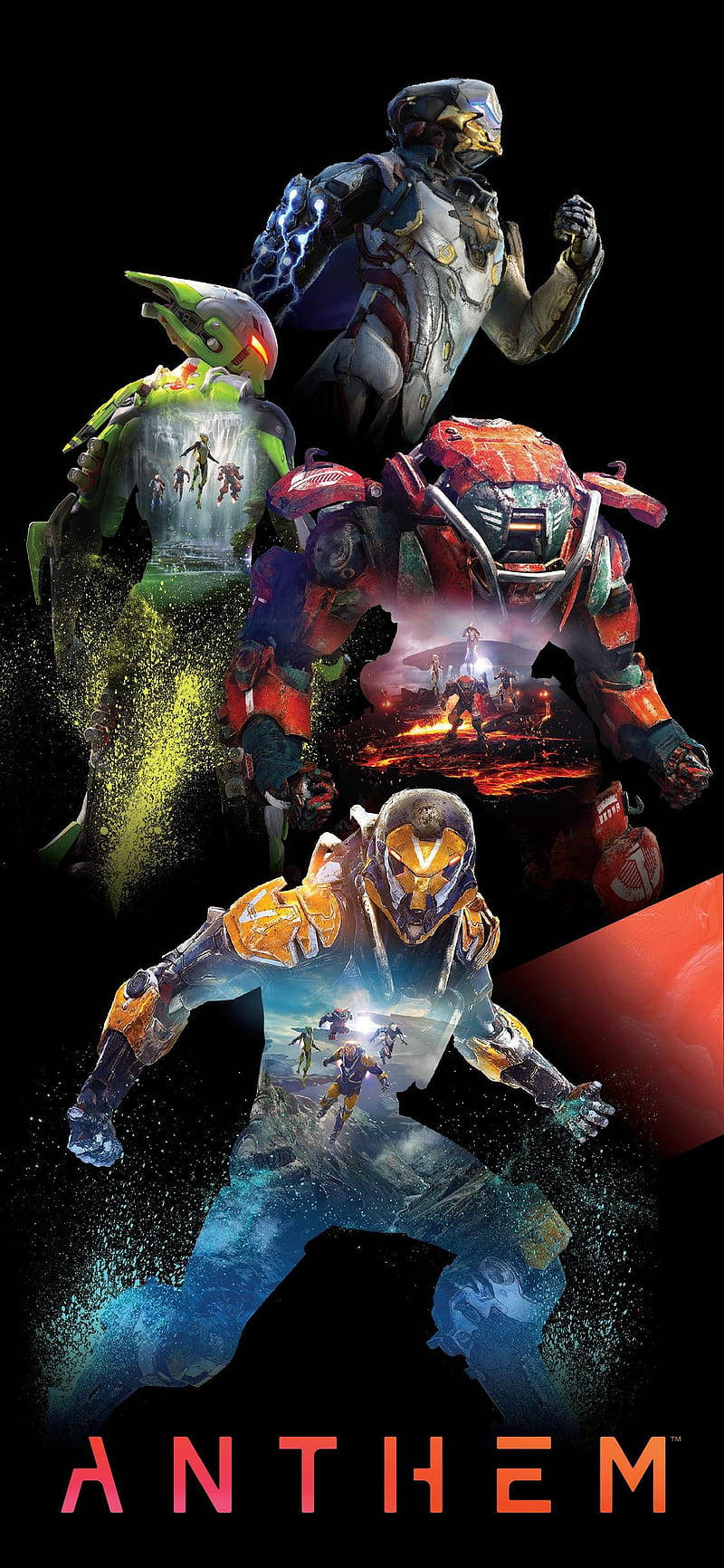 電玩遊戲 桌布 壁紙 — 來自 Anthem 的四個裝甲角色在黑色背景上動態站立，透過他們的套裝可以看到發光的粒子效果和熾熱的風景。