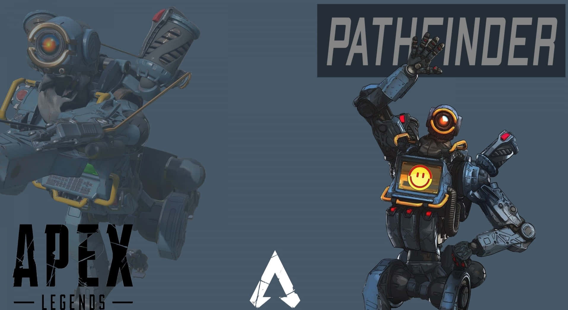 桌布 壁紙 — 來自《Apex Legends》的未來機器人角色 Pathfinder 以動態姿勢站立，背景為深藍色，帶有發光的橙色點綴。