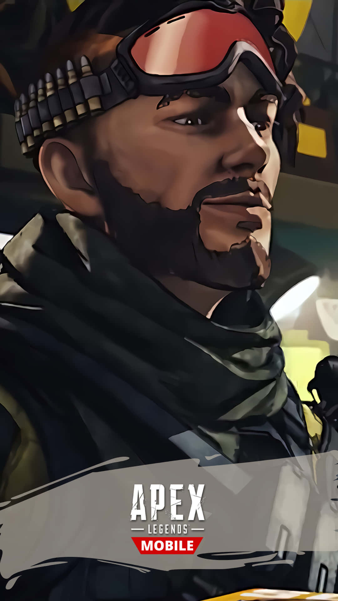 Apex 英雄 桌布 壁紙 — 來自《Apex Legends Mobile》的粗獷插畫肖像，描繪一位留鬍鬚的士兵，戴著護目鏡和彈藥帶。