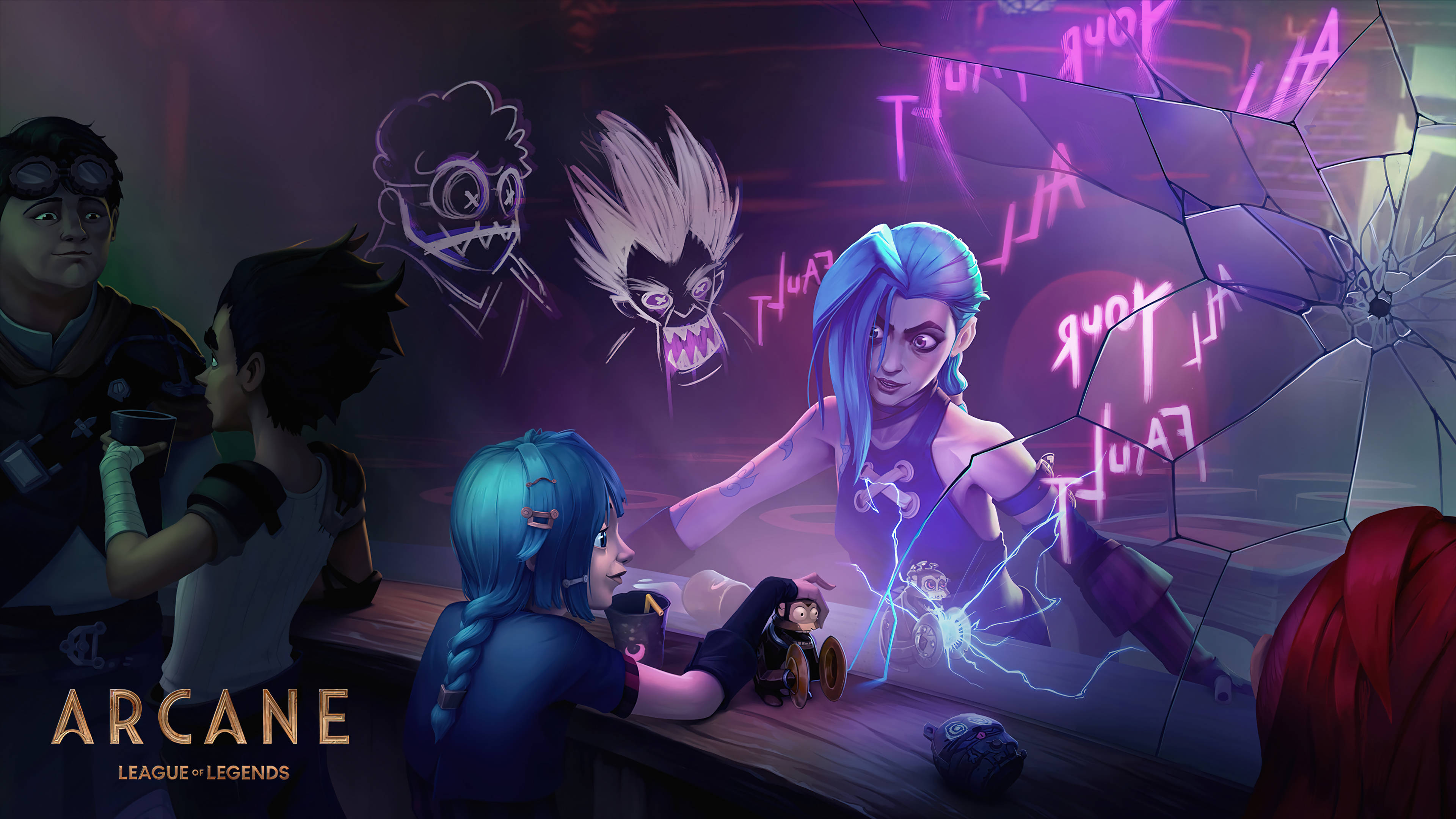 吉茵珂絲 奧術 桌布 壁紙 — 來自《Arcane》的充滿活力的動畫場景顯示一個藍髮角色召喚閃電，而其他人在一個霓虹燈照亮的酒吧中觀看，周圍有破碎的玻璃和發光的塗鴉。
