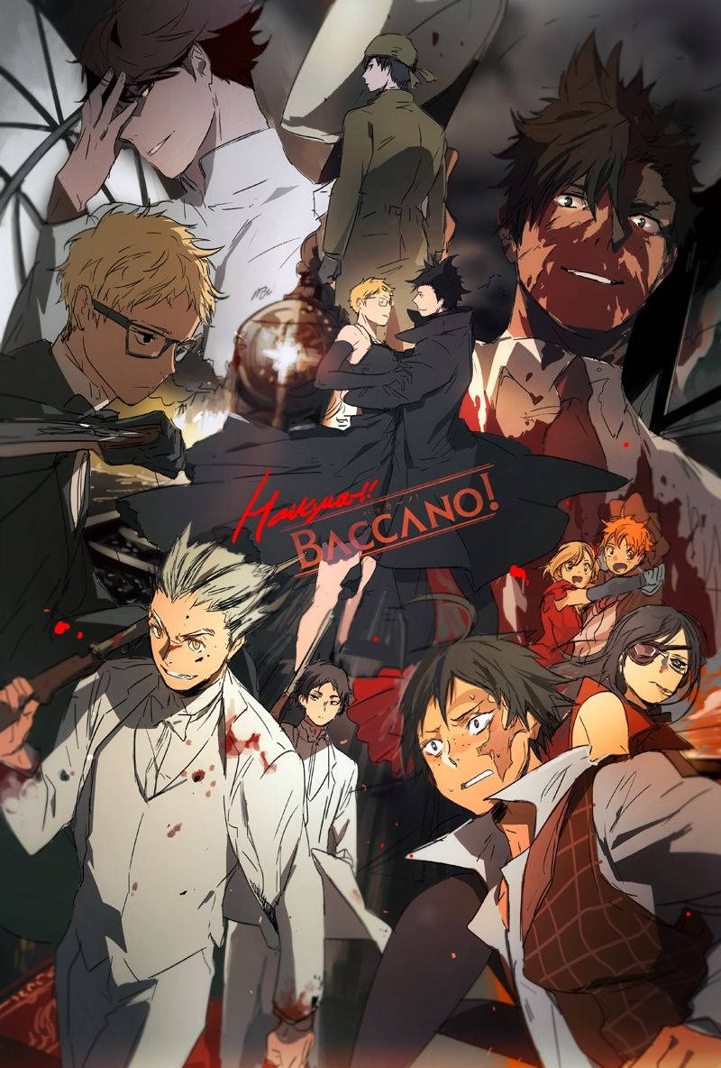 Kuroo 桌布 壁紙 — 來自《Baccano!》的血腥角色以混亂而激烈的姿勢組成的戲劇性動漫拼貼畫。