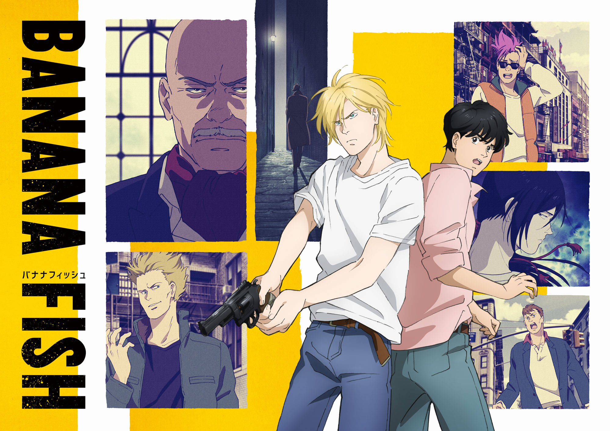 Banana Fish 桌布 壁紙 — 來自《BANANA FISH》的動漫角色，在充滿動感的都市場景中，帶有鮮明的黃色點綴和粗獷的表情。