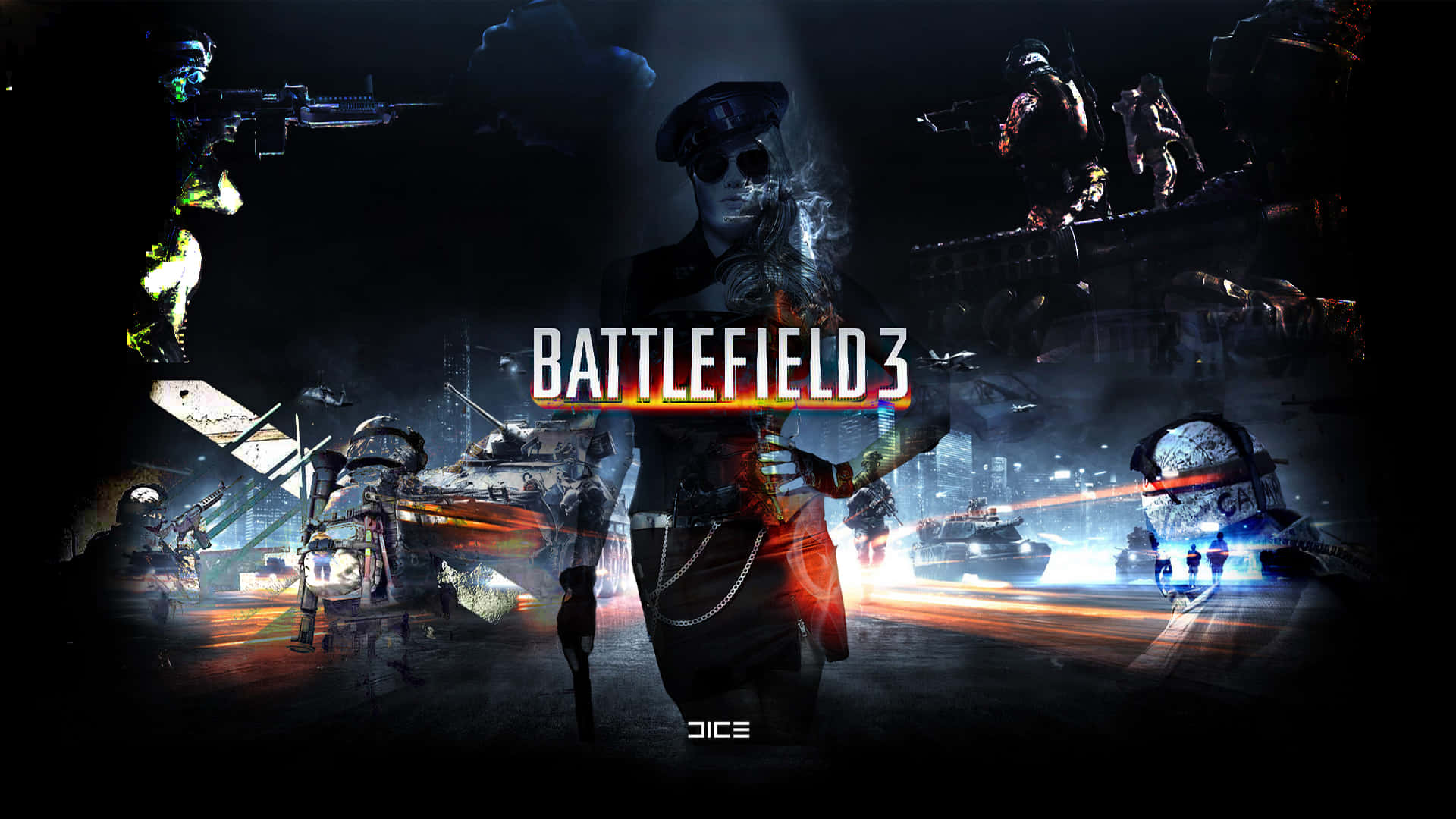 Battlefield 3 桌布 壁紙 — 來自 Battlefield 3 的黑暗電影風格拼貼畫，包含士兵、坦克和爆炸，帶有發光的武器火焰和一個中央的骷髏臉士兵。