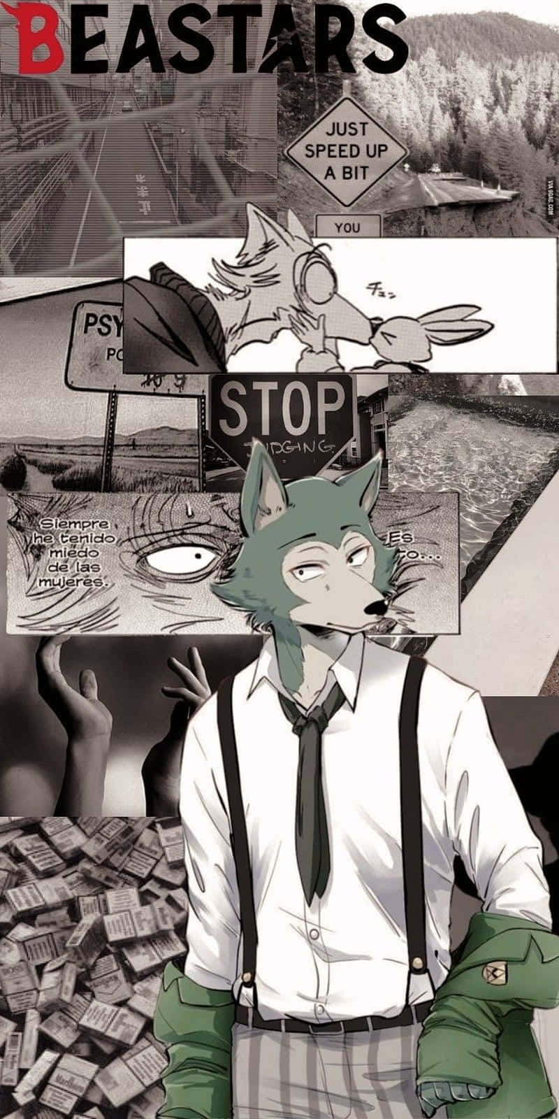 桌布 壁紙 — 來自《BEASTARS》的黑白漫畫拼貼， featuring 一隻穿著西裝的狼角色，被漫畫面板和路標包圍。