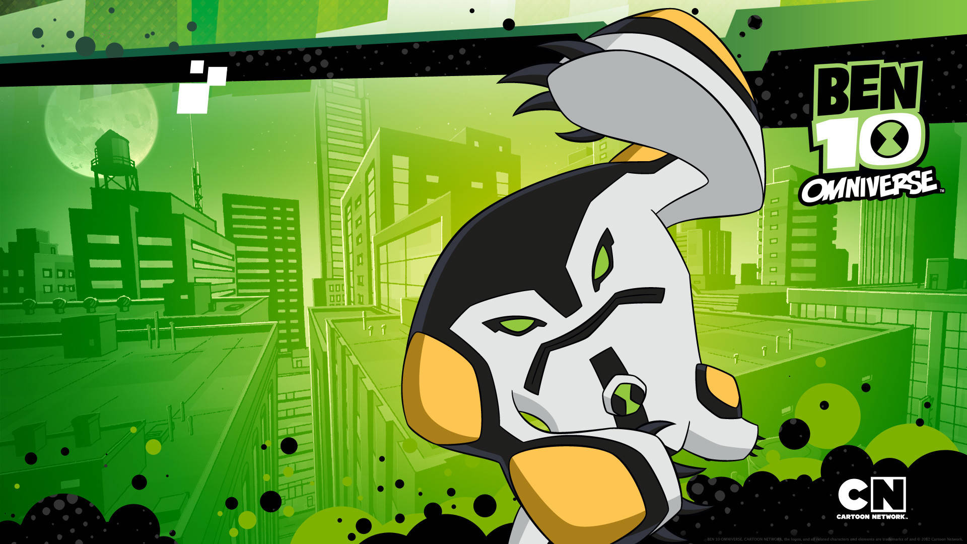 Ben 10 Omnitrix 桌布 壁紙 — 來自《Ben 10 全面進化》的風格化外星人角色，站在滿月下的霓虹綠色城市景觀中。