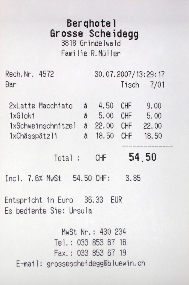 Sales 桌布 壁紙 — 來自 Berghotel Grosse Scheidegg 的列印飯店收據特寫，列出飲料和食品項目，總費用為瑞士法郎。