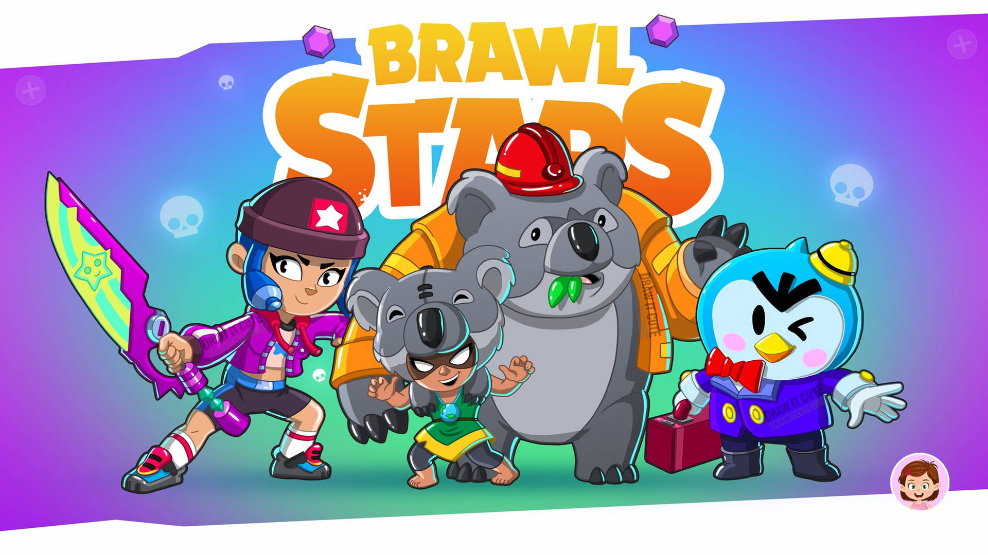 色彩繽紛的卡通風格《Brawl Stars》遊戲角色為戰鬥擺姿勢。 — 荒野亂鬥 GIF 壁紙