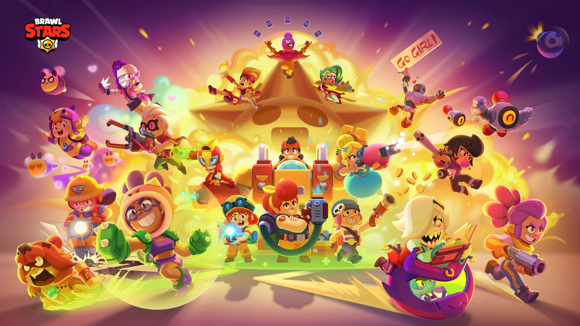 Brawl Stars 角色以發光獎盃和動態姿勢慶祝勝利。 — 荒野亂鬥 GIF 壁紙