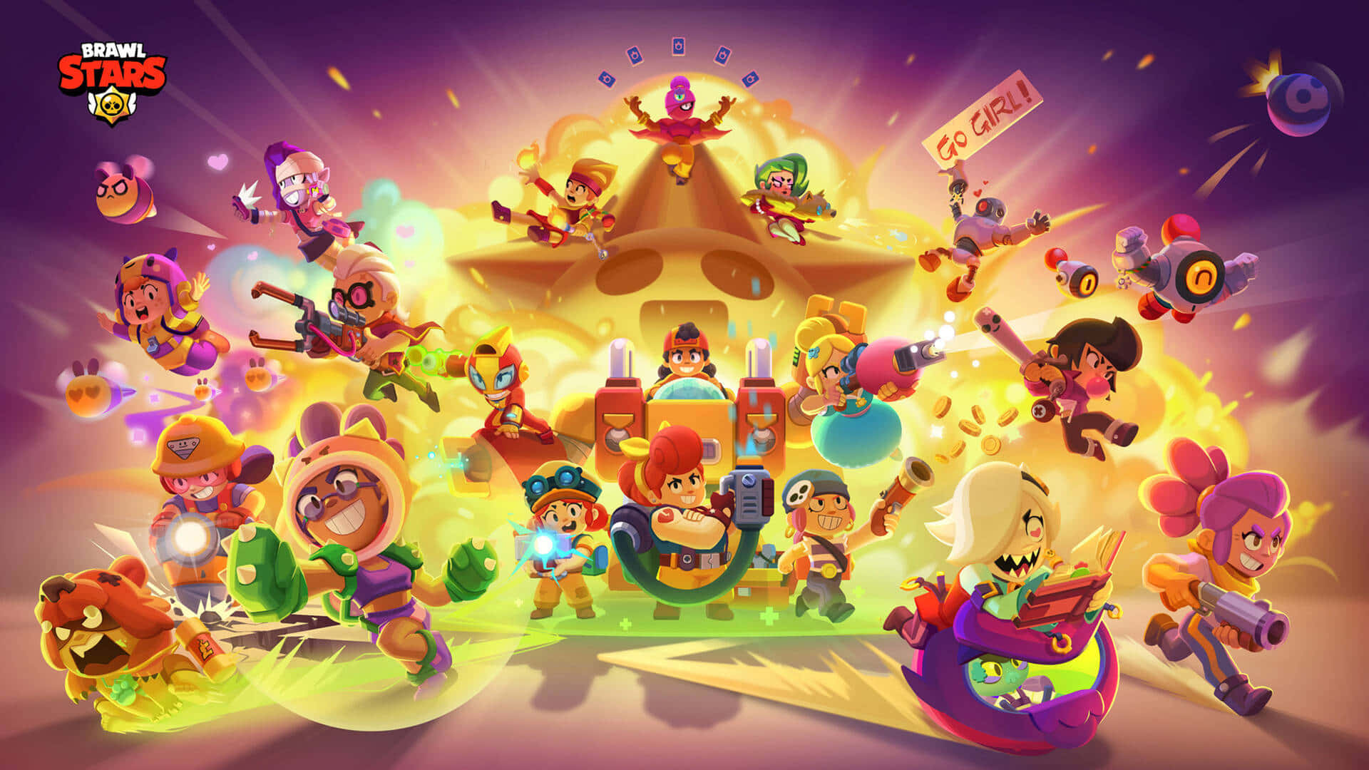Brawl Stars 角色在發光星形競技場周圍擺出色彩繽紛的動作姿勢。 — 荒野亂鬥 GIF 壁紙