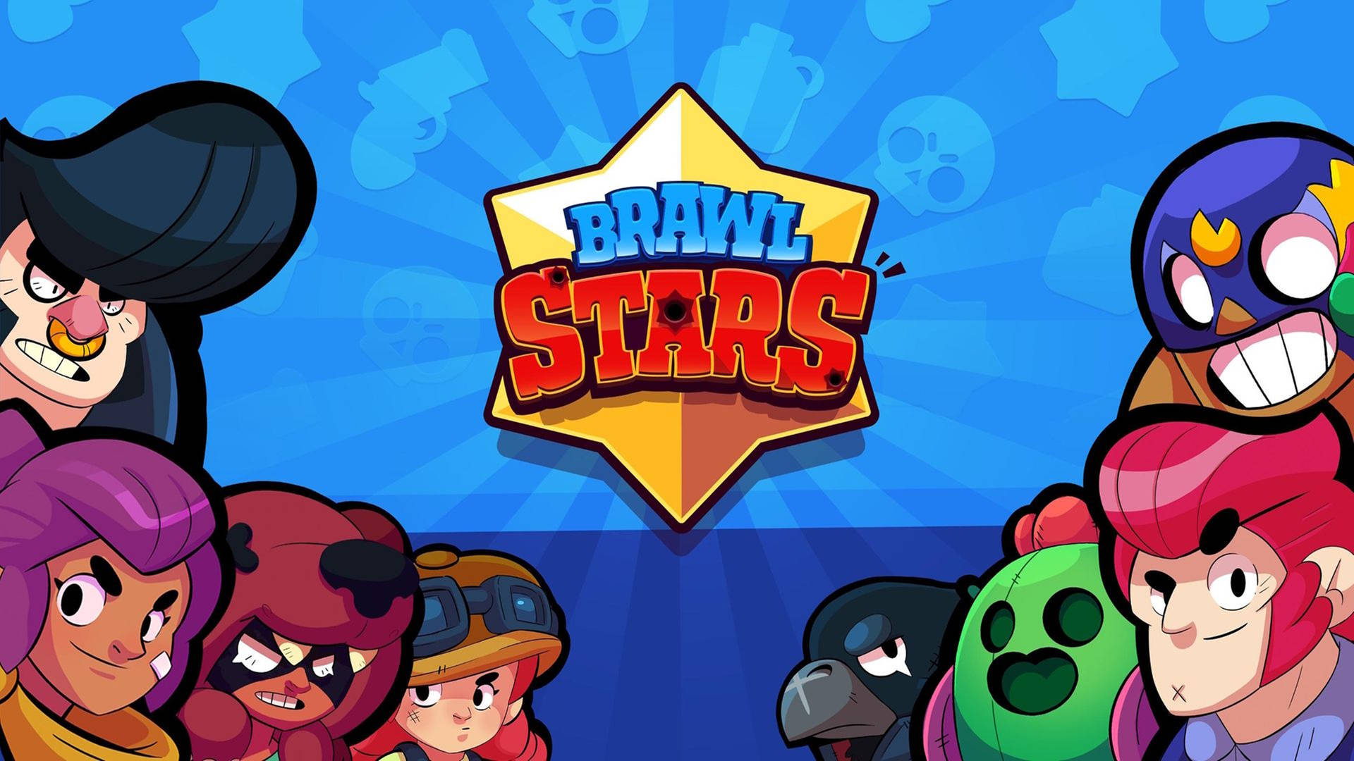 《Brawl Stars》遊戲標誌，周圍環繞著色彩繽紛的卡通角色。 — 荒野亂鬥 GIF 壁紙
