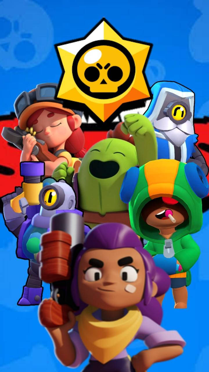 荒野亂鬥 桌布 壁紙 — 來自《Brawl Stars》的鮮豔卡通角色在帶有黃色星星標誌的醒目藍色背景前動態擺姿勢。