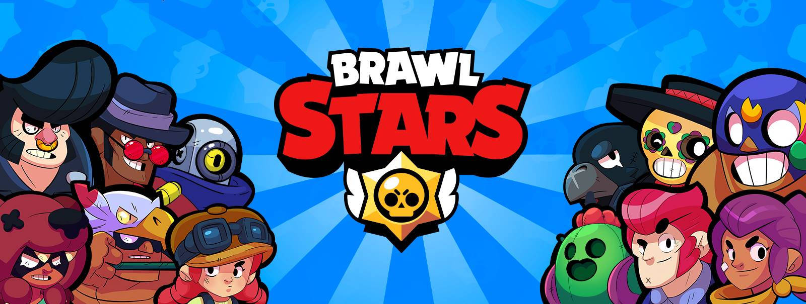 荒野亂鬥 桌布 壁紙 — 來自 Brawl Stars 的鮮豔卡通角色以動態群組站在藍色放射狀爆發背景前。