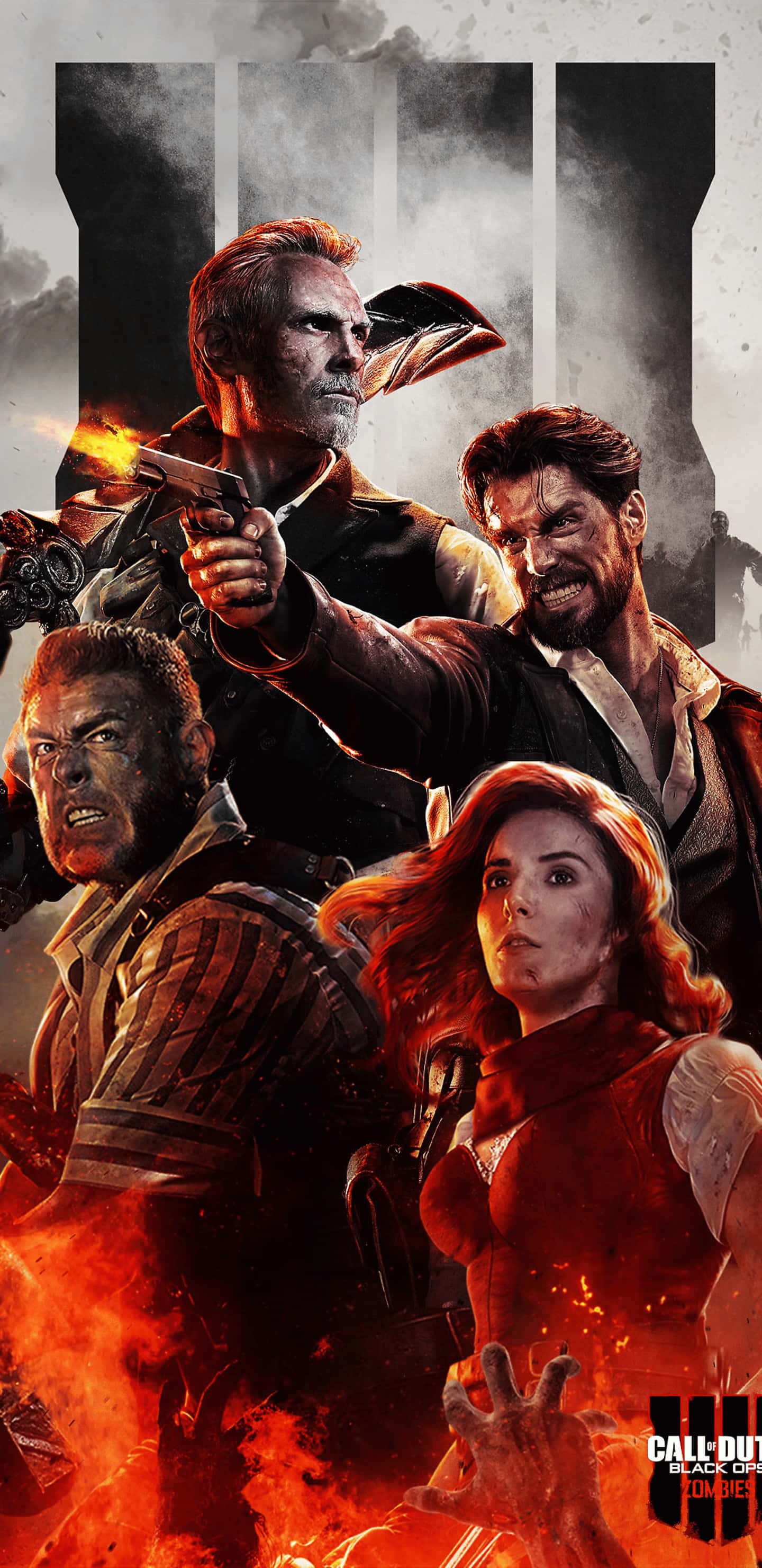Pixel 3xl Call Of Duty Black Ops 4 桌布 壁紙 — 來自《Call of Duty Black Ops 4 Zombies》的四個激烈角色，在煙霧繚繞的背景中，拔槍面對熾熱的混亂。