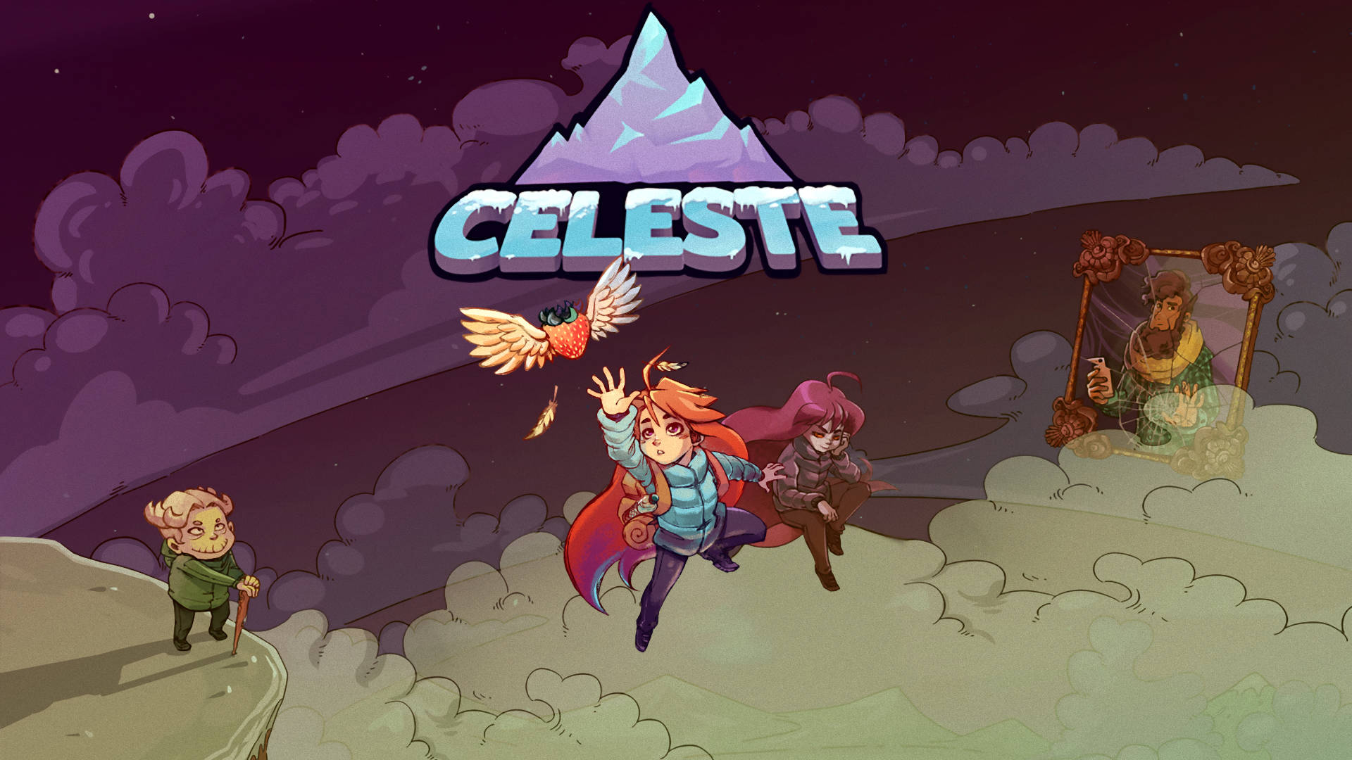 蔚藍 桌布 壁紙 — 來自 Celeste 的充滿活力的動畫場景，描繪了一位堅定的攀登者、一隻鳥和一幅鑲框肖像，背景是紫色的山脈。