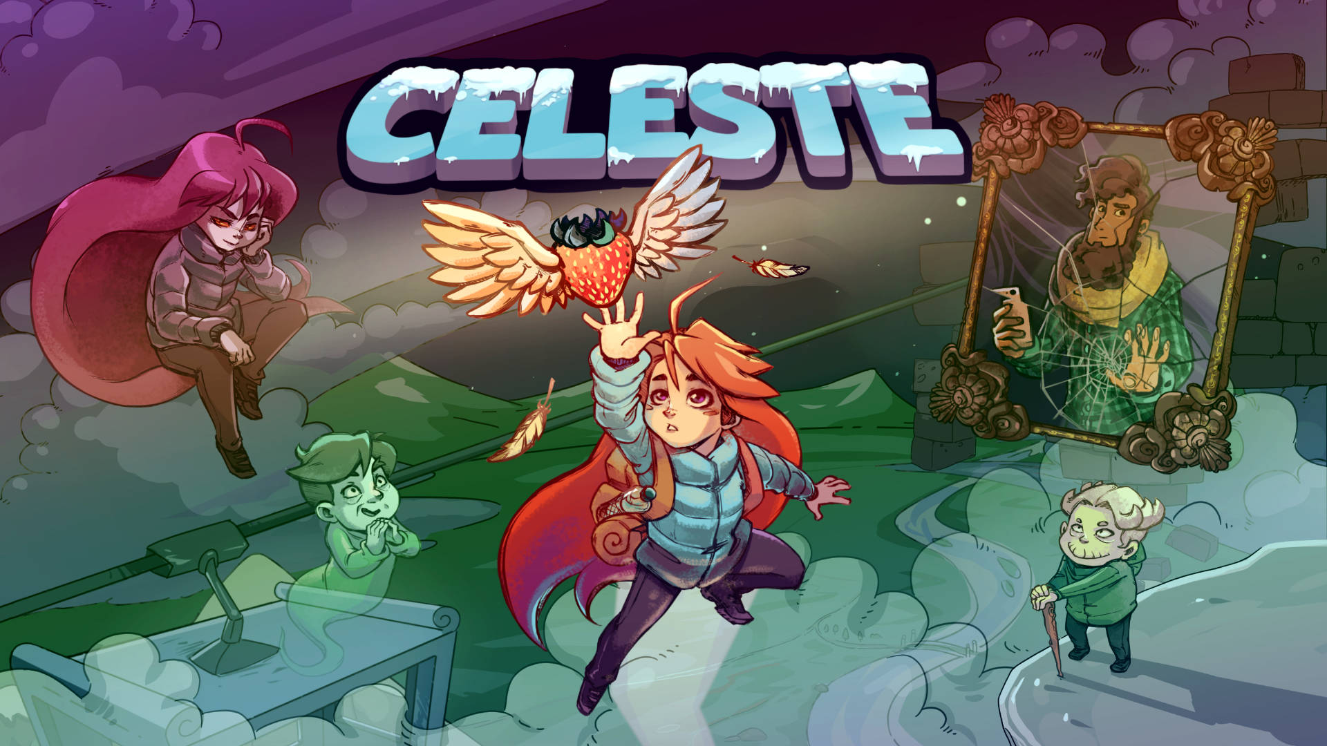 蔚藍 桌布 壁紙 — 來自 Celeste 的充滿活力的數位藝術場景，展示一位紅髮攀登者伸手去拿有翼草莓，周圍是古怪的角色和浮動平台。