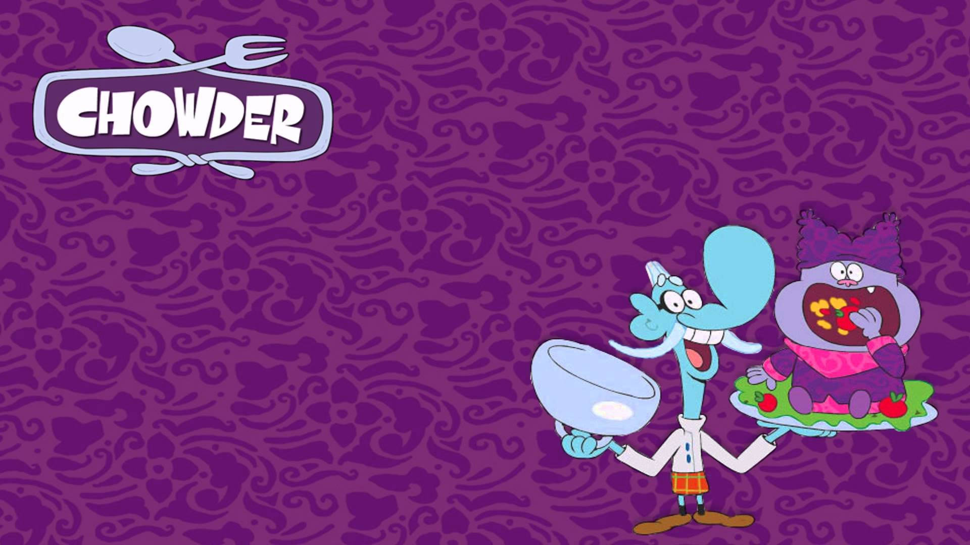 海綿寶寶外傳：痞痞貓 桌布 壁紙 — 來自《Chowder》的兩個卡通角色站在紫色華麗壁紙背景前。