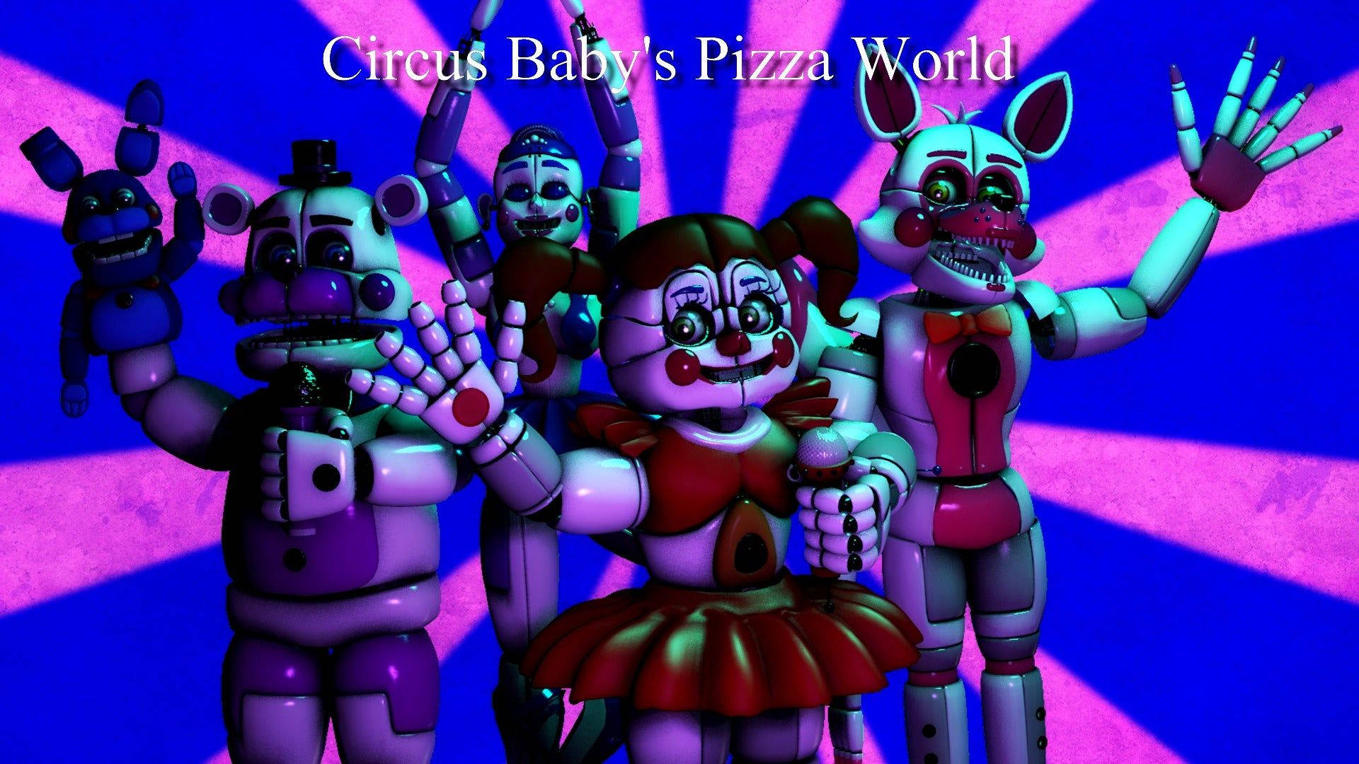 Circus 桌布 壁紙 — 來自 Circus Baby's Pizza World 的五個電子動畫角色在充滿活力的紫色和藍色放射狀背景前揮手。