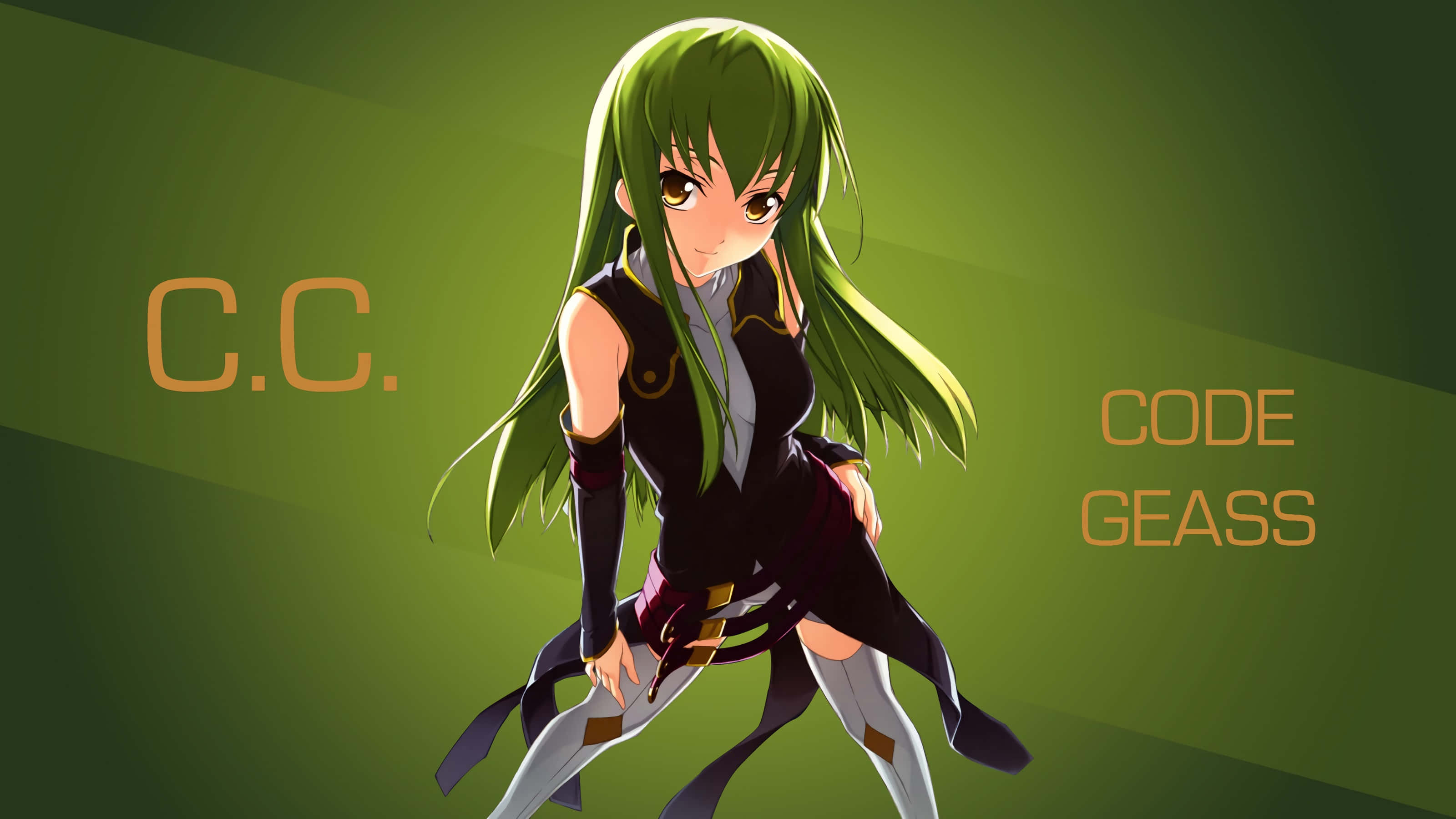 反叛的魯路修 桌布 壁紙 — 來自《Code Geass》的動畫角色C.C.以動態姿勢站在漸變綠色背景前。