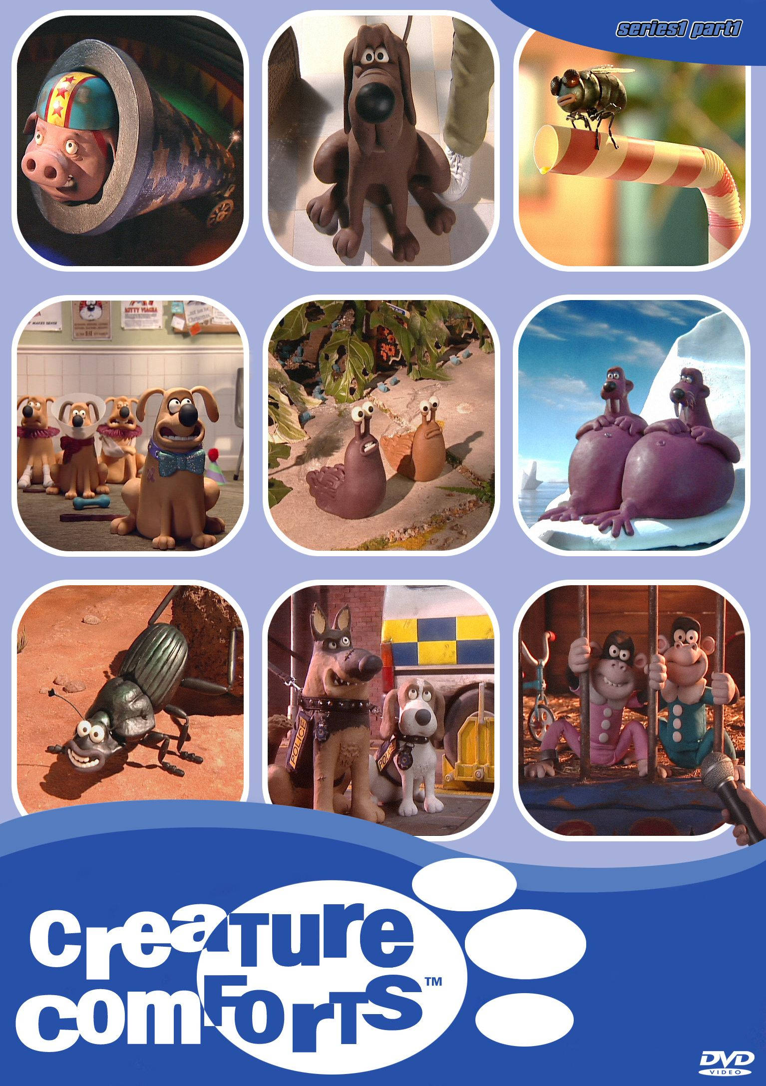 Animated 桌布 壁紙 — 來自《Creature Comforts》的黏土動畫動物角色拼貼畫，呈現各種幽默場景。