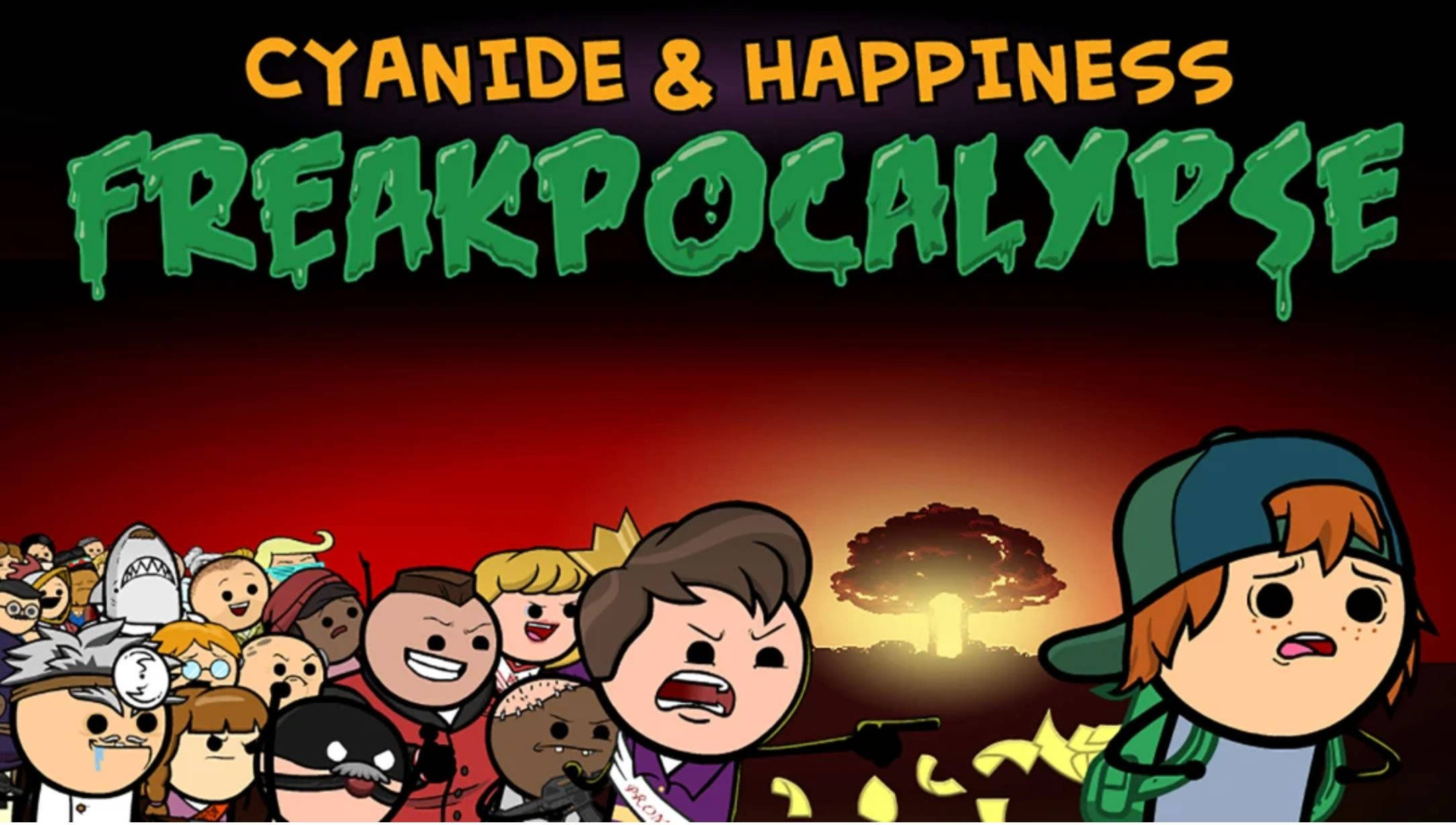 happiness 桌布 壁紙 — 來自《Cyanide & Happiness Freakpocalypse》的卡通角色站在紅色天空下的蘑菇雲爆炸前。