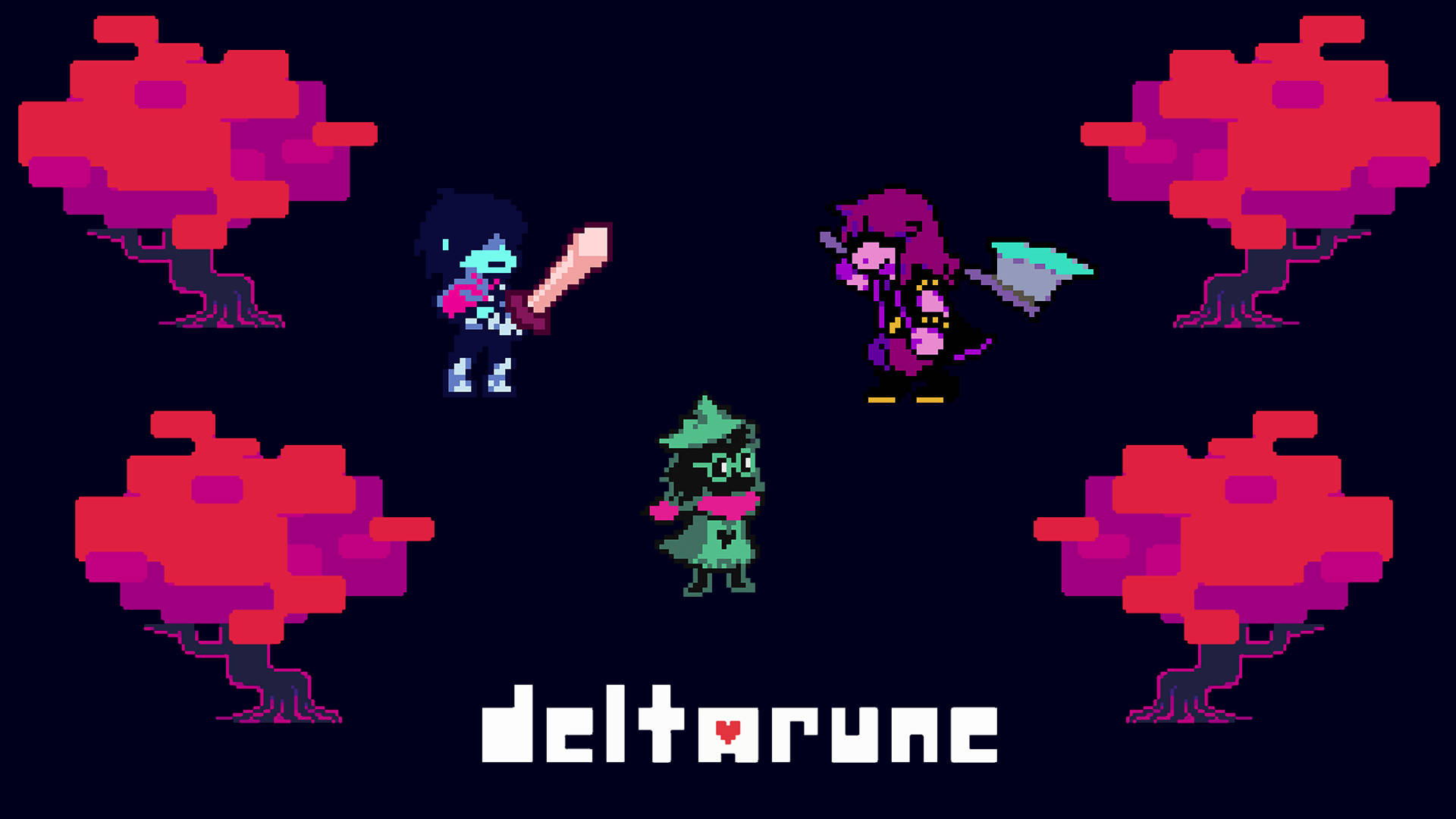 Deltarune 桌布 壁紙 — 來自 Deltarune 的像素藝術角色站在黑暗背景中發光的紅樹之間。