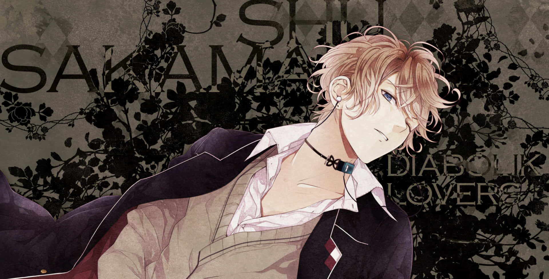 Diabolik Lovers 桌布 壁紙 — 來自《Diabolik Lovers》的動漫角色逆巻シン在黑暗花卉背景下以戲劇性燈光慵懶地靠著。