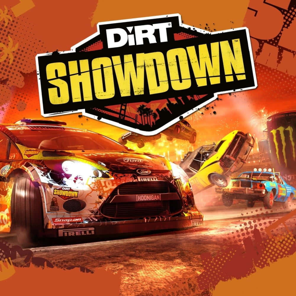電玩遊戲 桌布 壁紙 — 來自《Dirt Showdown》的猛烈撞車場景，多輛拉力賽車翻滾冒煙，背景是鮮豔的橙色日落。