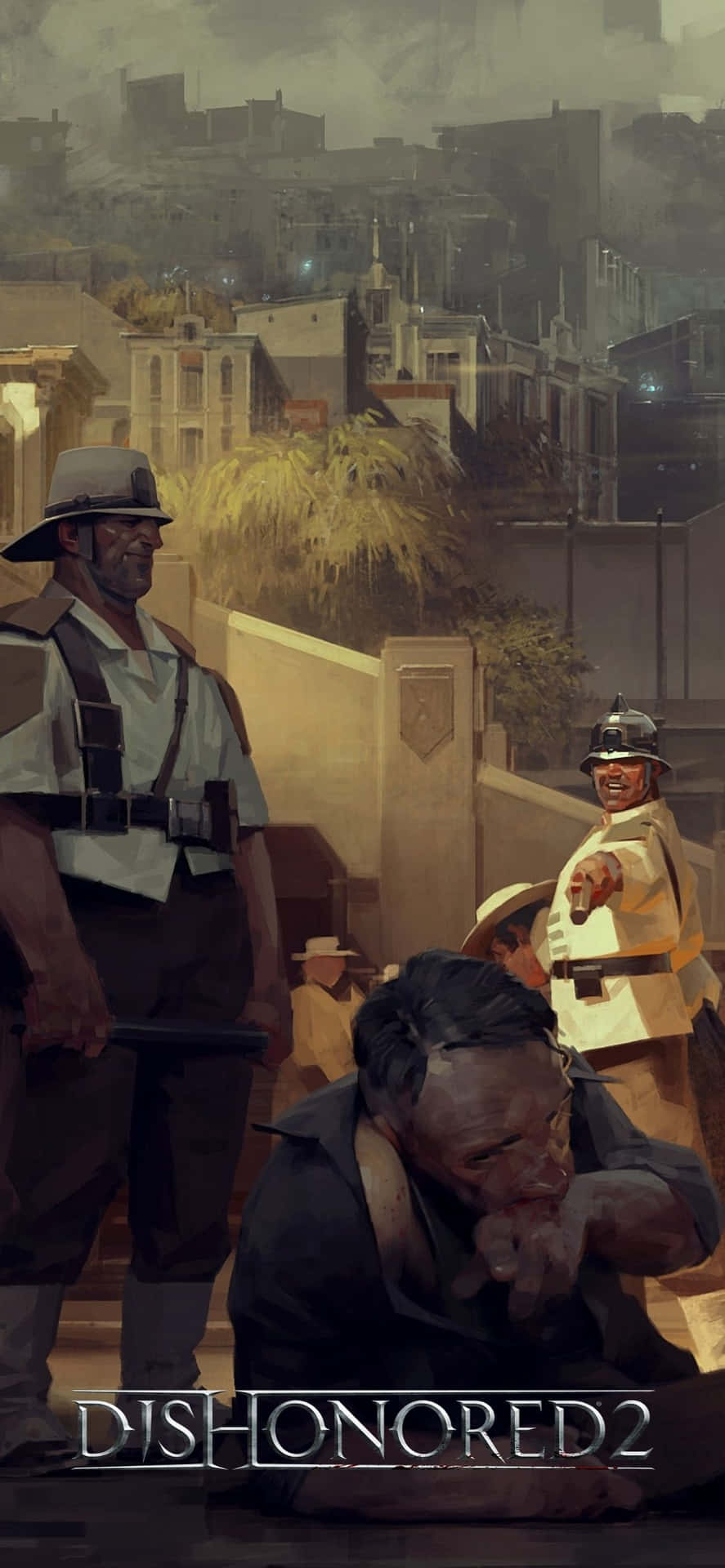 Soldiers 桌布 壁紙 — 來自《Dishonored 2》的 gritty 插圖場景，顯示一名男子在絕望中跪下，兩名武裝守衛在塵土飛揚的城市小巷中看守著他。