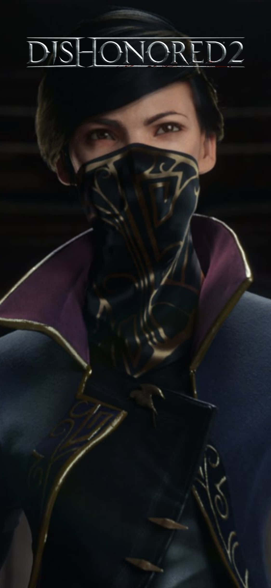 電玩遊戲 桌布 壁紙 — 來自《Dishonored 2》的蒙面角色在昏暗燈光下凝視，深色服裝上有華麗的金色細節。