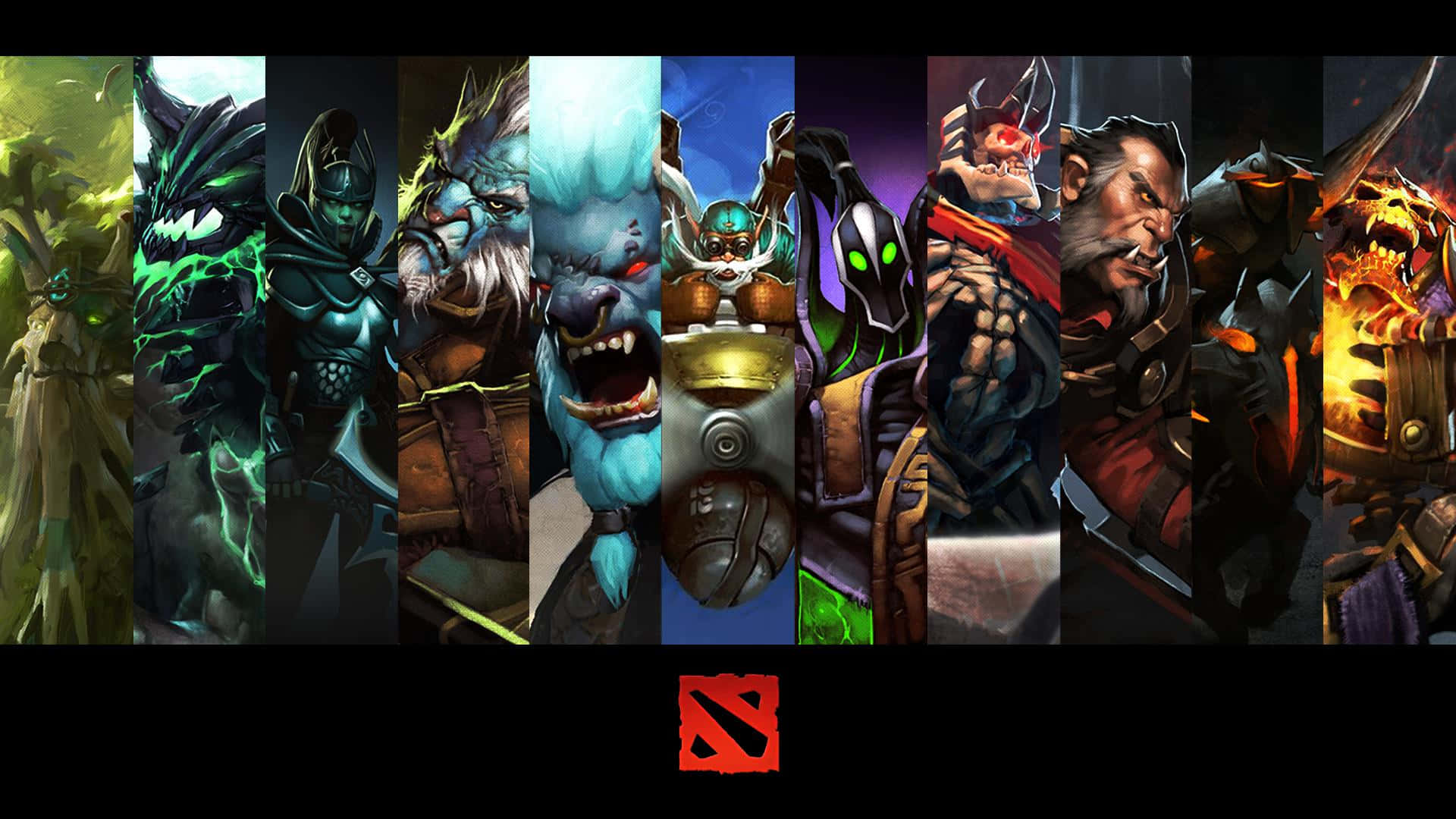 電玩遊戲 桌布 壁紙 — 來自 Dota 2 的九個奇幻英雄，各自擁有獨特的盔甲和發光效果，在深色背景的垂直面板上排列，色彩鮮豔。