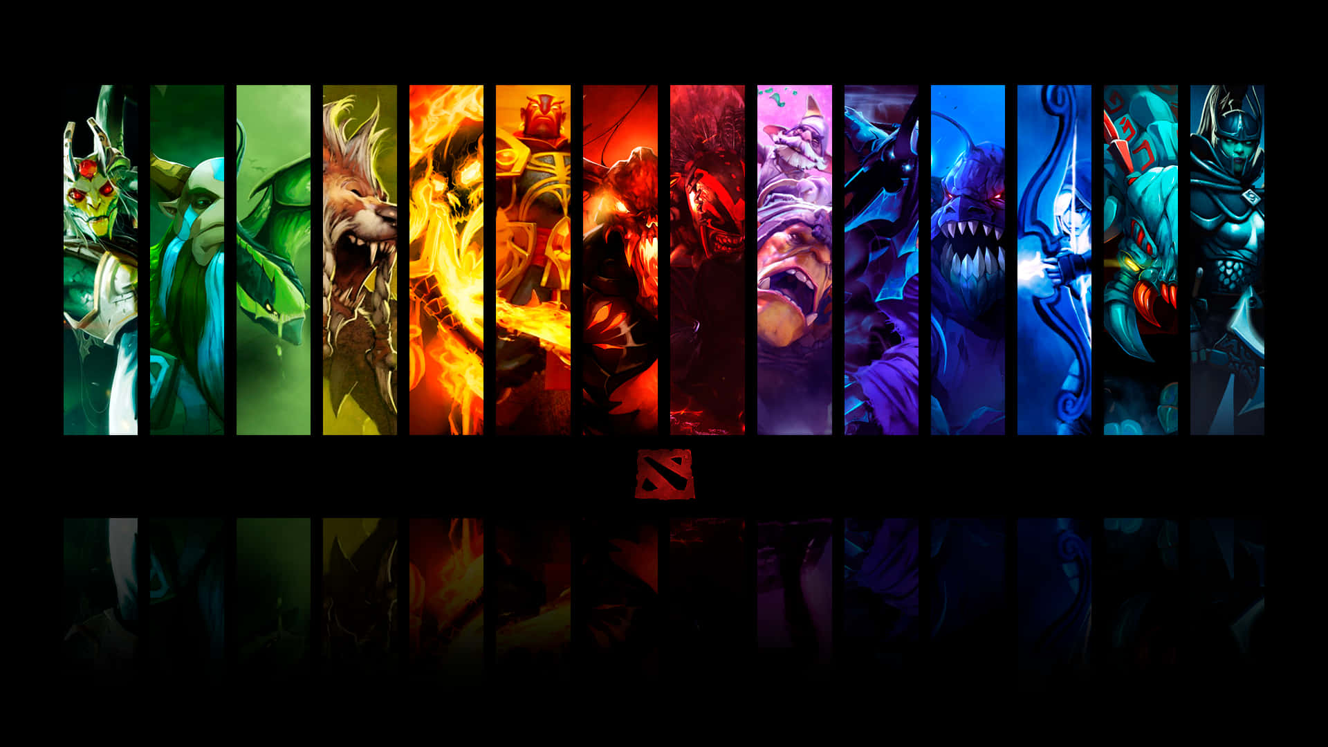 Hero 桌布 壁紙 — 來自 Dota 2 的十位奇幻英雄的鮮明陣容，每位都在黑色背景上帶有微妙反射的彩色垂直面板中。