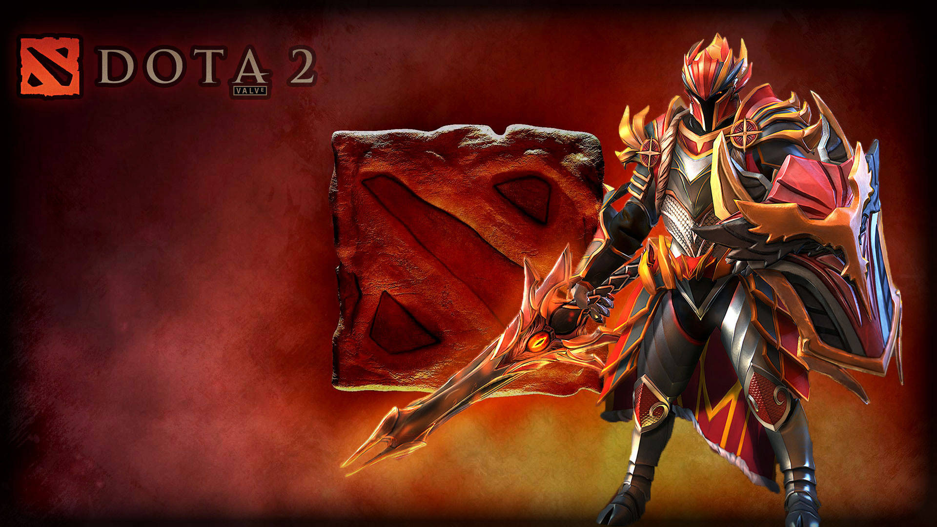 電玩遊戲 桌布 壁紙 — 來自 Dota 2 的火焰裝甲英雄，手持發光武器，立於煙霧瀰漫的紅色背景前。