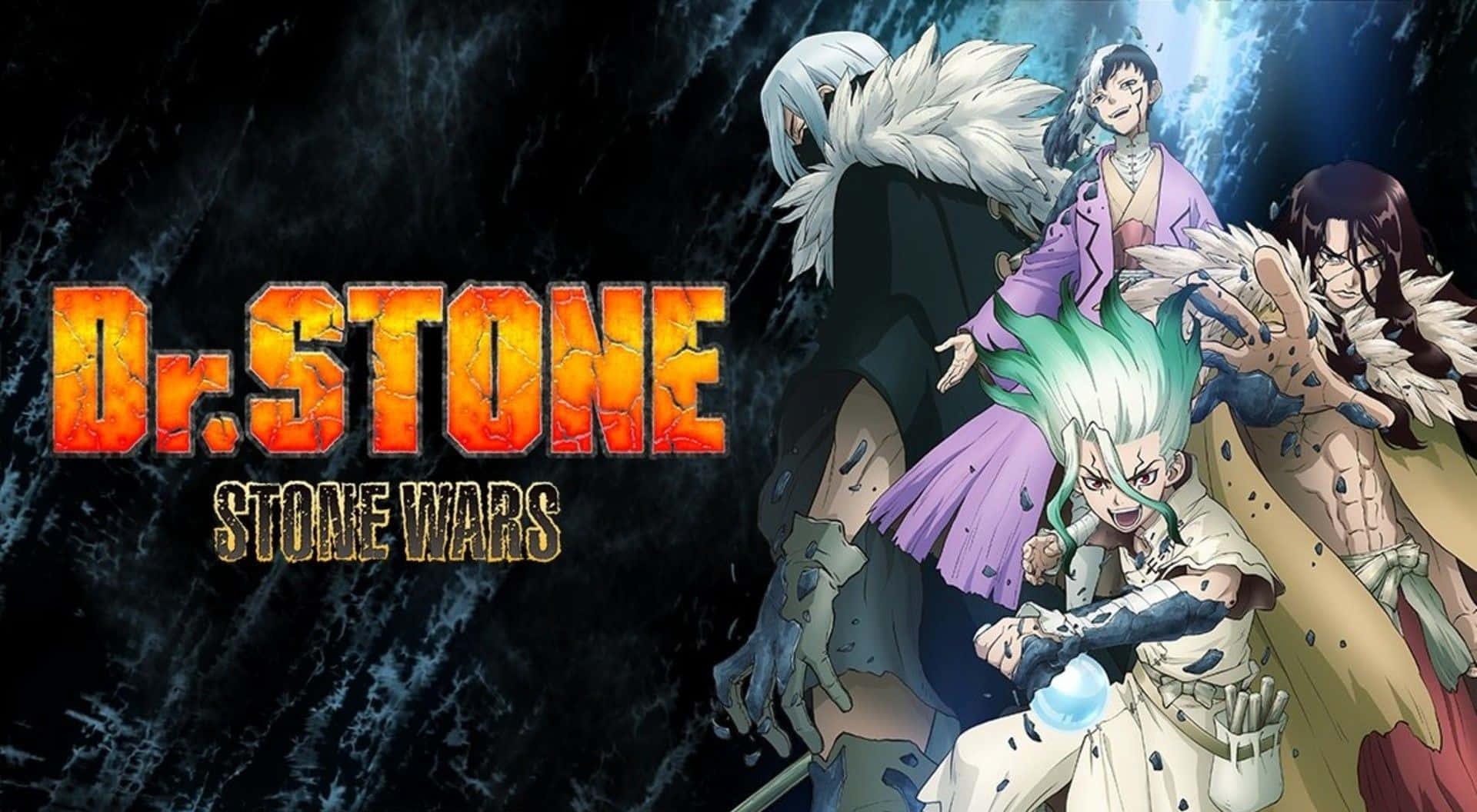 動漫 桌布 壁紙 — 來自《Dr. Stone Stone Wars》的動漫角色英勇地站在黑暗裂紋背景上，帶有火焰標題文字。