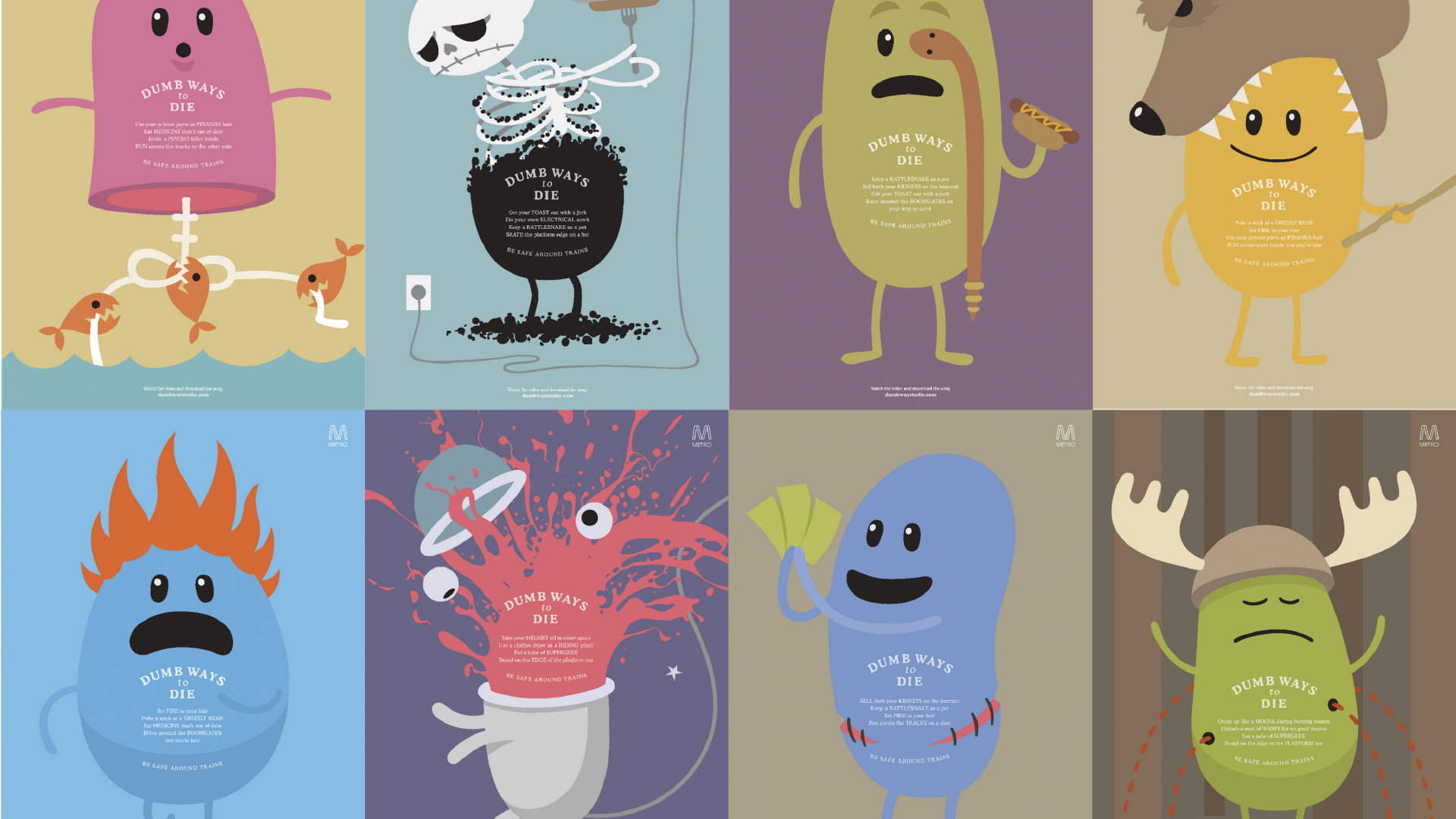 dumb 桌布 壁紙 — 來自《Dumb Ways to Die》的八個色彩繽紛插圖角色，每個都以粗體字型描繪獨特、幽默且往往荒誕的死亡場景。